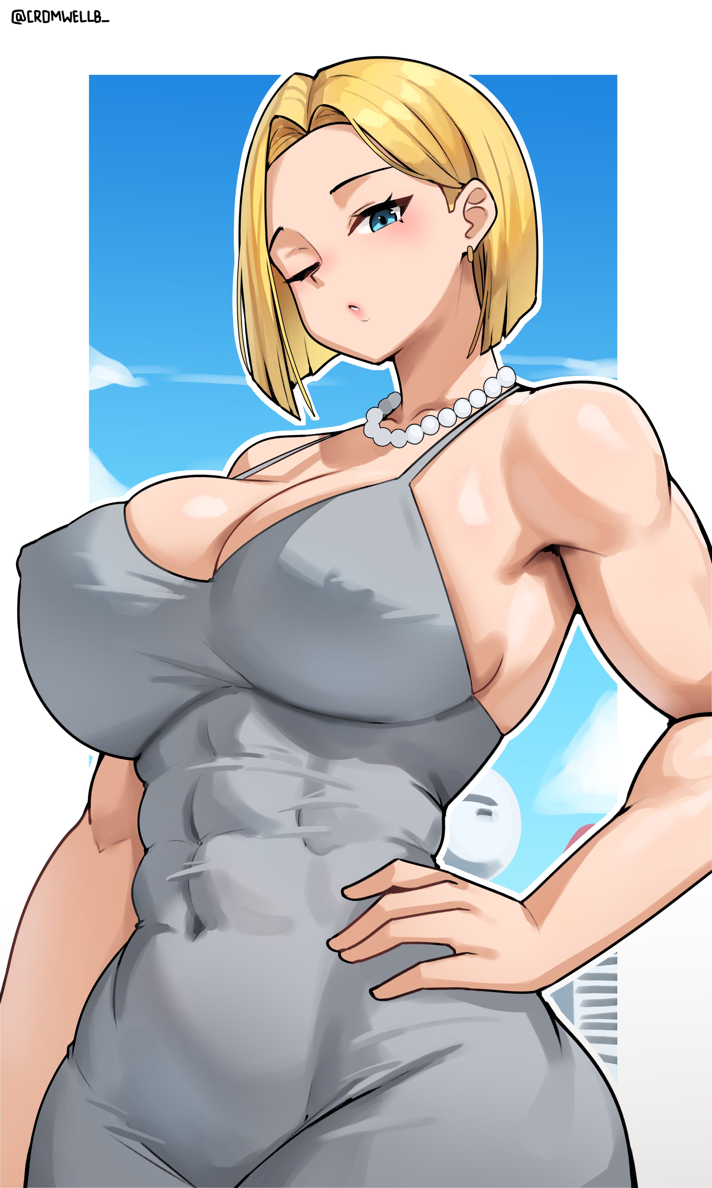 1girls, abs, android 18, blonde hair, blue eyes, breasts, cleavage, clothing, cromwellb, dragon ball, dragon ball z, female, female only, high resolution, large breasts, looking at viewer, one eye closed, solo, very high resolution