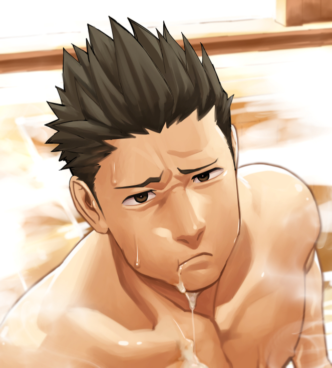 1boy bara brown_eyes brown_hair cheek_bulge cum cum_in_mouth cum_on_body cum_on_male cum_on_pectorals furrowed_brow itto_(mentaiko) looking_at_viewer male_focus masculine nipples nude onsen pectorals portrait sengoku_basara solo spiked_hair steam tokugawa_ieyasu_(sengoku_basara) toned toned_male water wooden_floor