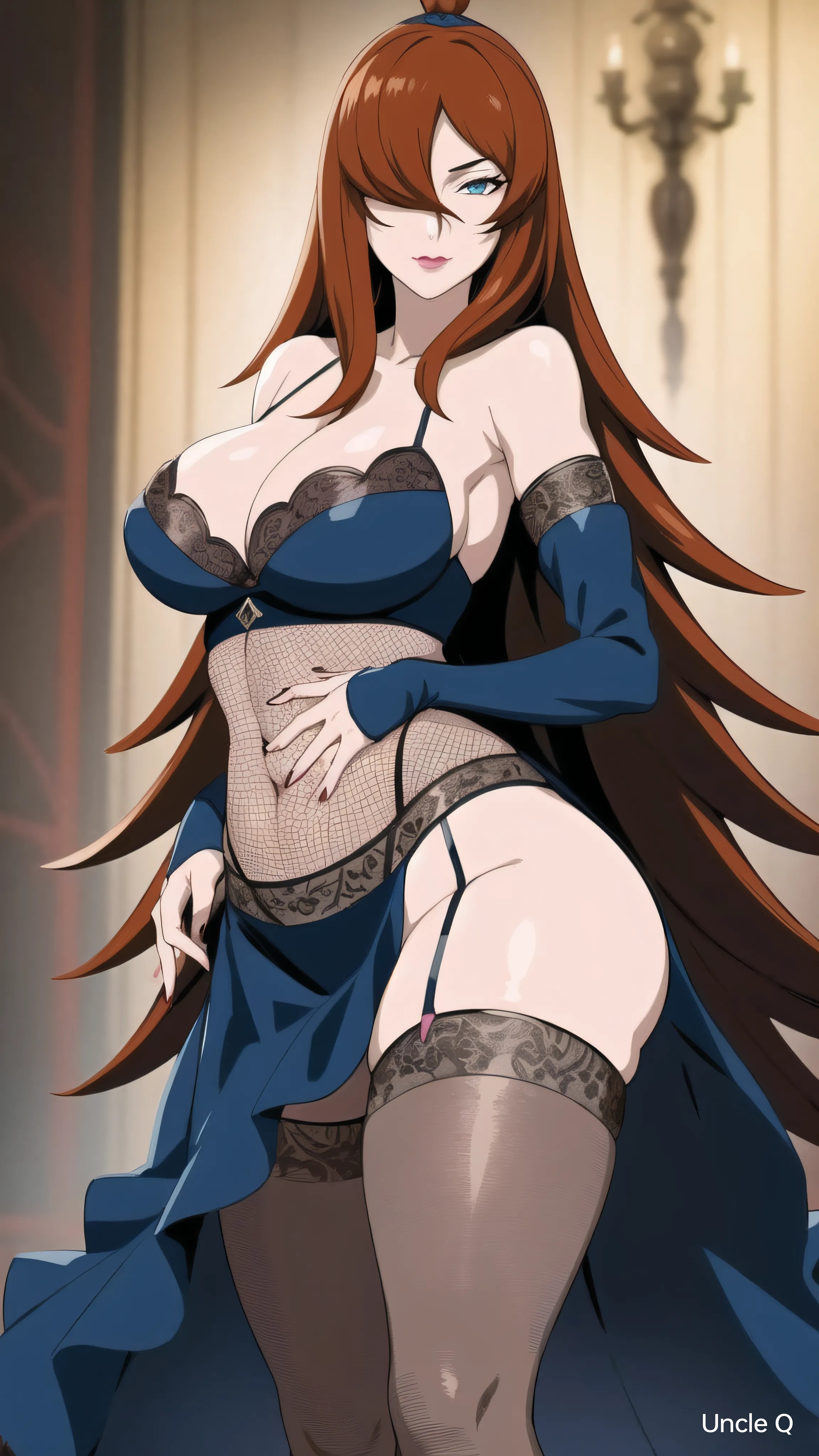 1girls, adapted costume, ai generated, arm gloves, artist name, auburn hair, big breasts, bra, breasts, brown hair, child bearing hips, cleavage, female, female only, g-string, garter belt, garter straps, gloves, green eyes, hair over one eye, huge breasts, kneeling, lingerie, lingerie bra, lingerie only, lipstick, long hair, makeup, mature, mature female, mei terumi, milf, nai diffusion, naruto, naruto (series), naruto shippuden, no panties, oppai, stable diffusion, standing, stockings, terumi mei, text, tied hair, topknot, uncle q, underwear, underwear only, very long hair, voluptuous