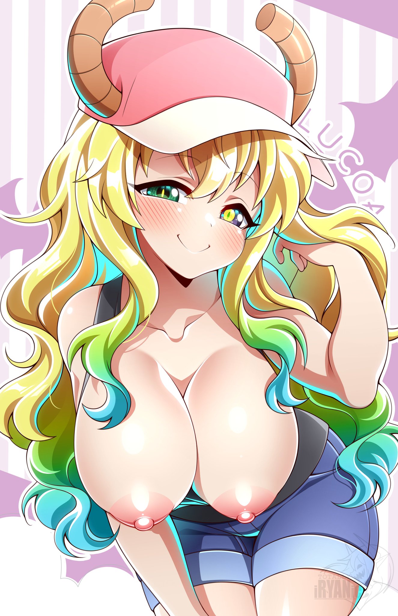 1girls areola areolae big_breasts blush blushing_at_viewer breasts breasts_out breasts_out_of_clothes clothed clothing collarbone female female_focus female_only hi_res highres horn huge_breasts iryanic large_breasts leaning_forward light-skinned_female light_skin long_hair looking_at_viewer miss_kobayashi's_dragon_maid multicolored_eyes multicolored_hair nipples quetzalcoatl_(dragon_maid) shorts smile smiling smiling_at_viewer solo solo_female solo_focus thick_thighs thighs wide_hips