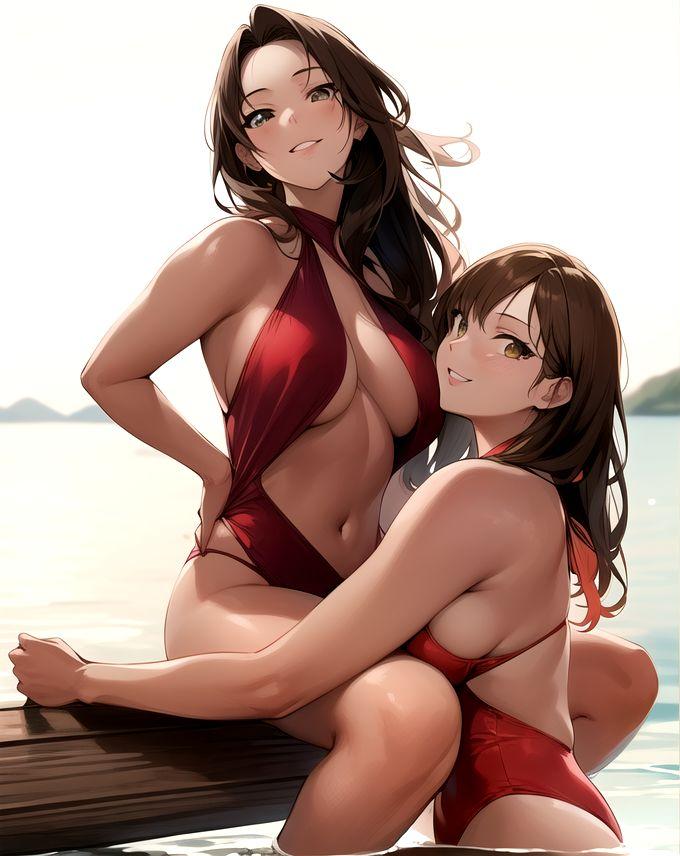 2girls ai_generated ai_mirror belly_button blush brown_eyes brown_hair hand_on_waist in_water log long_hair looking_at_viewer looking_back_at_viewer medium_breasts mischievous_smile one-piece_swimsuit red_swimsuit sea seaside sitting smile swimsuit together white_skin