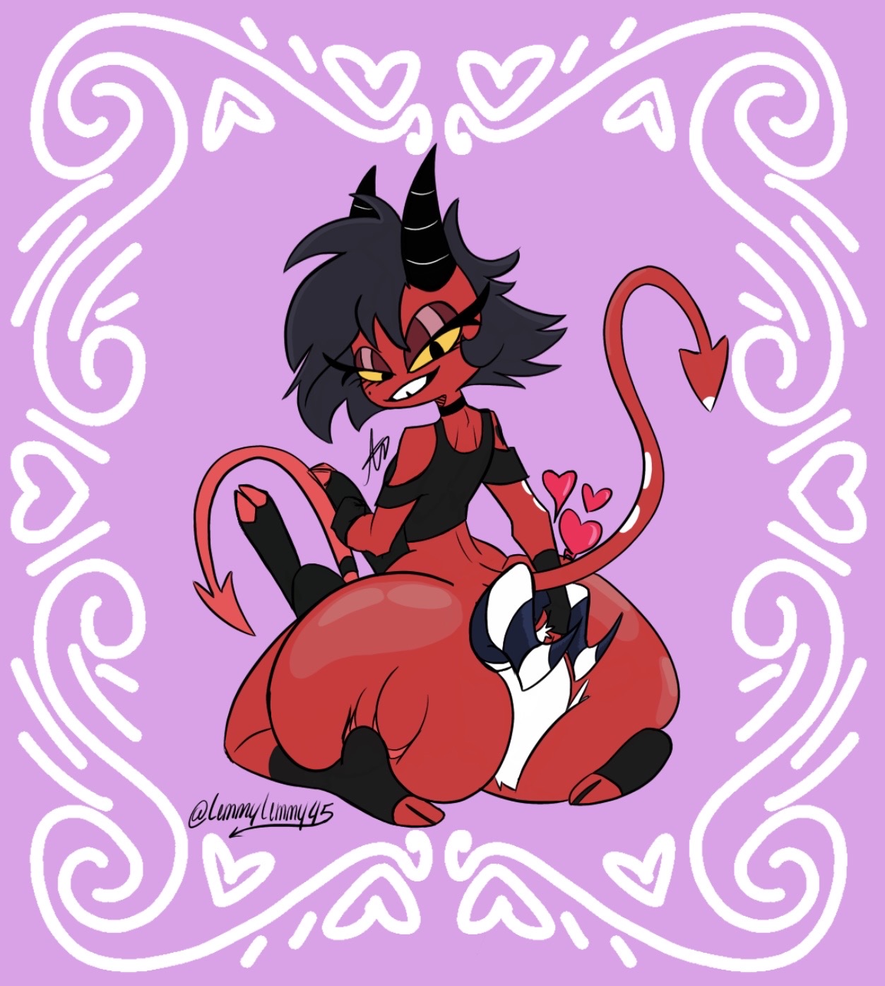 ass, beauty mark, bedroom eyes, big ass, big butt, black eyes, black hair, black lipstick, bottom heavy, bubble ass, bubble butt, demon, demon girl, demon horns, eyelashes, facesitting, fat ass, fat butt, female, female only, hearts, helluva boss, horns, huge ass, huge butt, imp, large ass, large butt, lemmylemmy45, lipstick, looking at viewer, looking back, millie (helluva boss), moxxie (helluva boss), tail, thick ass, thick thighs, thin arms, thin waist, tooth gap, underwear, vivienne medrano, white hair, wide hips, yellow sclera