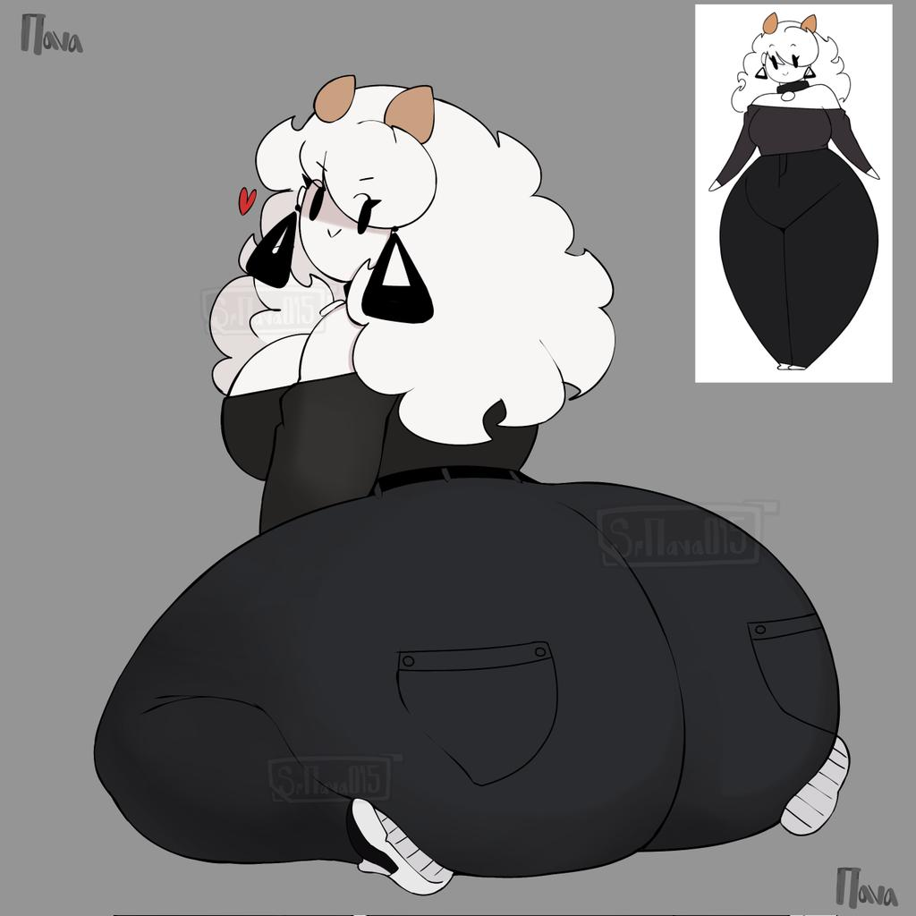 :> ass_bigger_than_body ass_focus back_pockets big_ass big_earrings clothed clothing cute grey_background horns humongous_ass jeans kay_(srnava) kneeling kneeling_female large_ass large_earrings long_hair long_hair_female massive_ass oc oc_character reference_image sideboob small_feet smug smug_face srnava watermark white_hair white_skin white_skinned_female