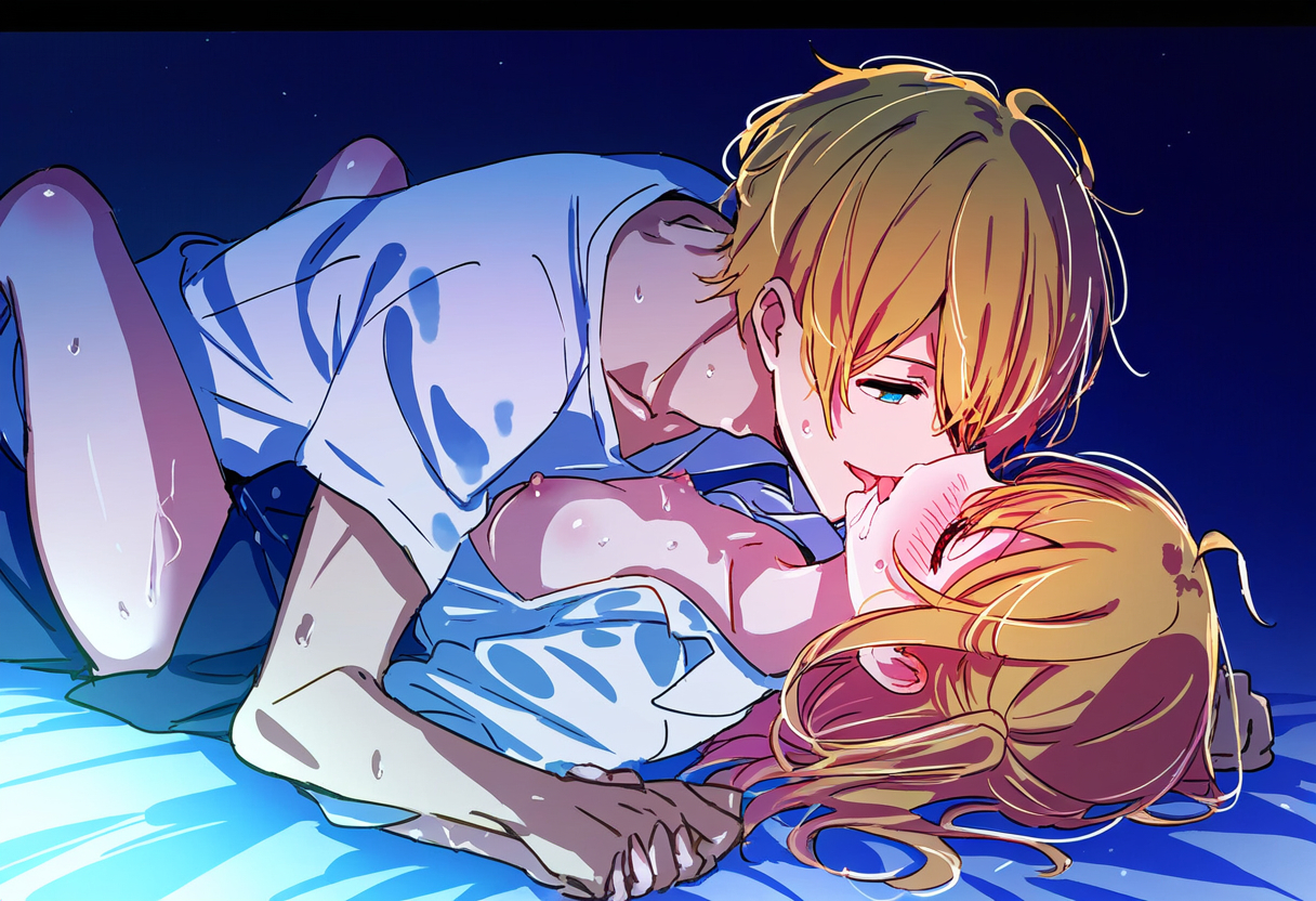 blonde hair, breasts, brother and sister, family, family sex, female, happy sex, hoshino aquamarine, hoshino ruby, incest, kissing, lying, nipples, on bed, oshi no ko, sex, siblings