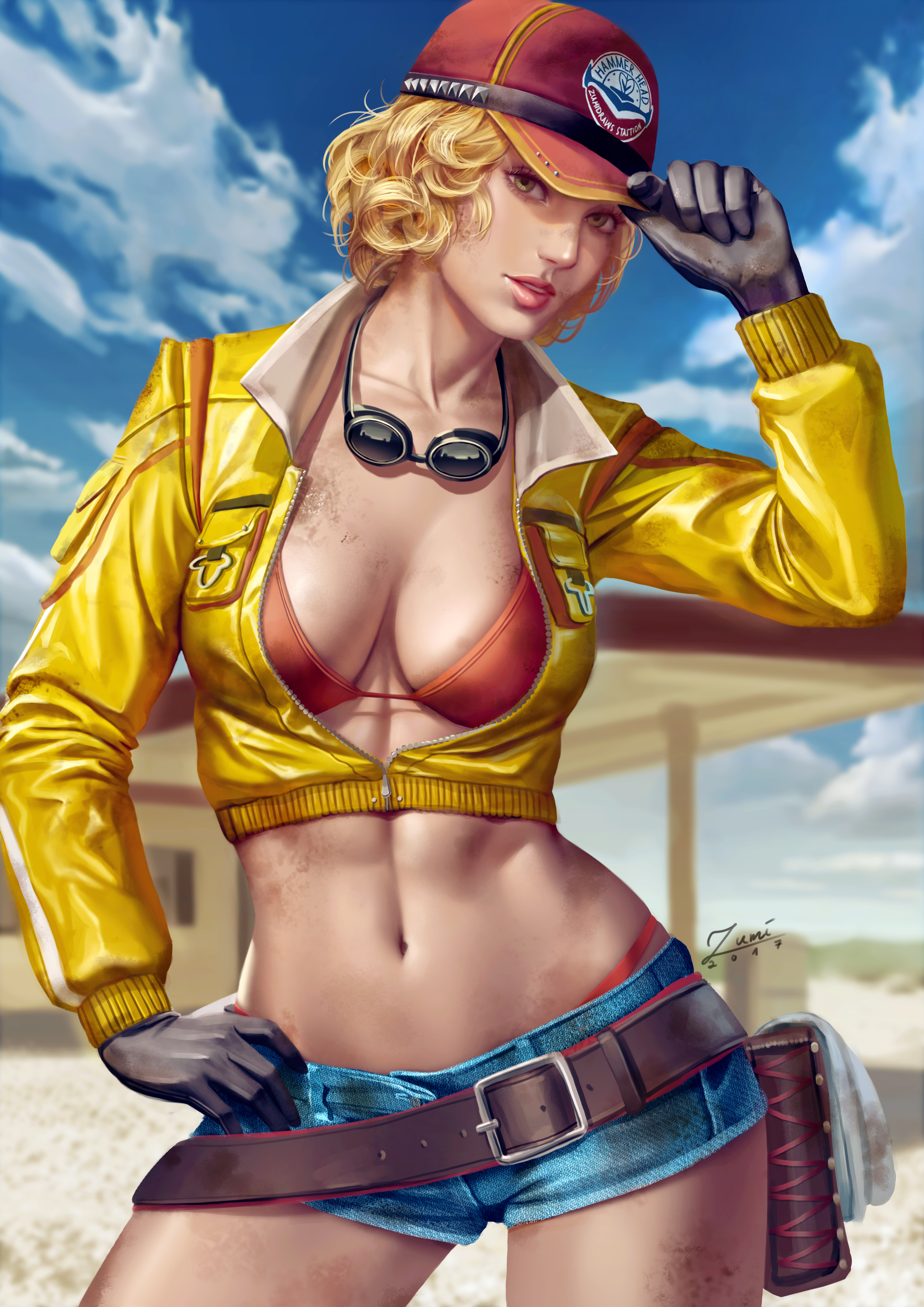 1girls, 2016, belt, black gloves, blonde hair, boots, bra, breasts, cap, cindy aurum, clothed, color, curly hair, denim shorts, female, female only, final fantasy, final fantasy xv, gloves, high resolution, highres, hotpants, jacket, jean shorts, red bikini, short hair, solo, tomboy, yellow jacket, zumi