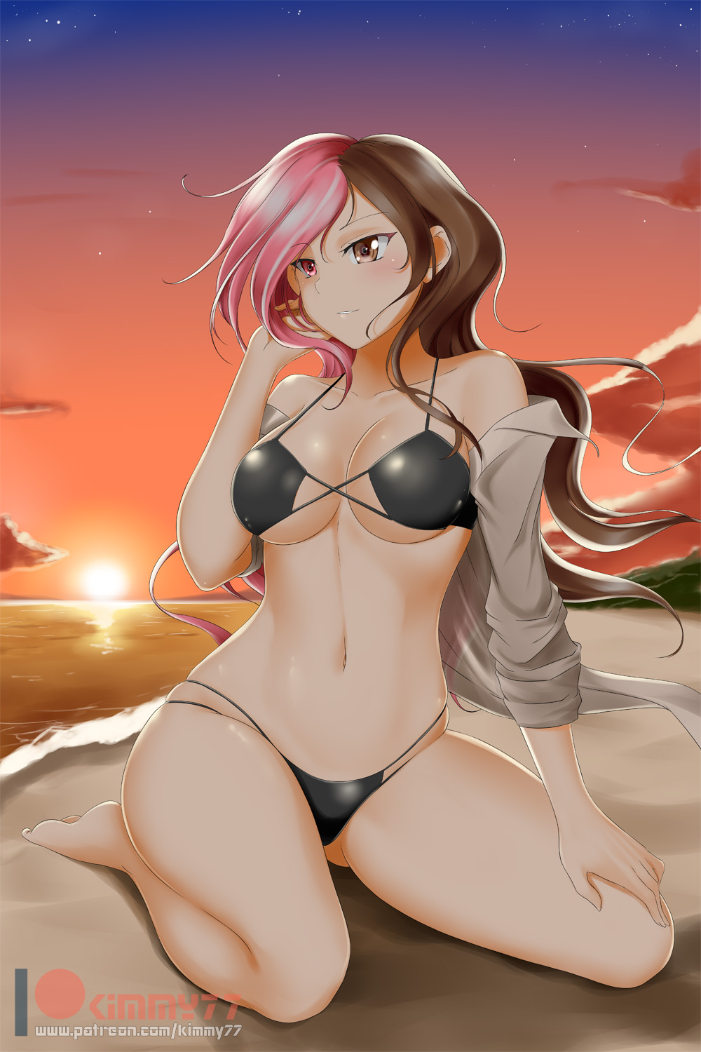 alternate costume, bare legs, bare shoulders, barefoot, beach, bikini, black bikini, black swimsuit, blush, breasts, brown eyes, brown hair, cloud, collarbone, eyebrows visible through hair, female, female only, floating hair, full body, grin, hand on own leg, hand on own thigh, hand up, heterochromia, kimmy77, large breasts, legs, long hair, looking away, midriff, multicolored hair, navel, neck, neo (rwby), ocean, off shoulder, outdoors, parted lips, pink eyes, pink hair, rwby, sand, sea, seiza, sitting, sky, smile, solo, sun, sunset, swimsuit, two-tone hair, water