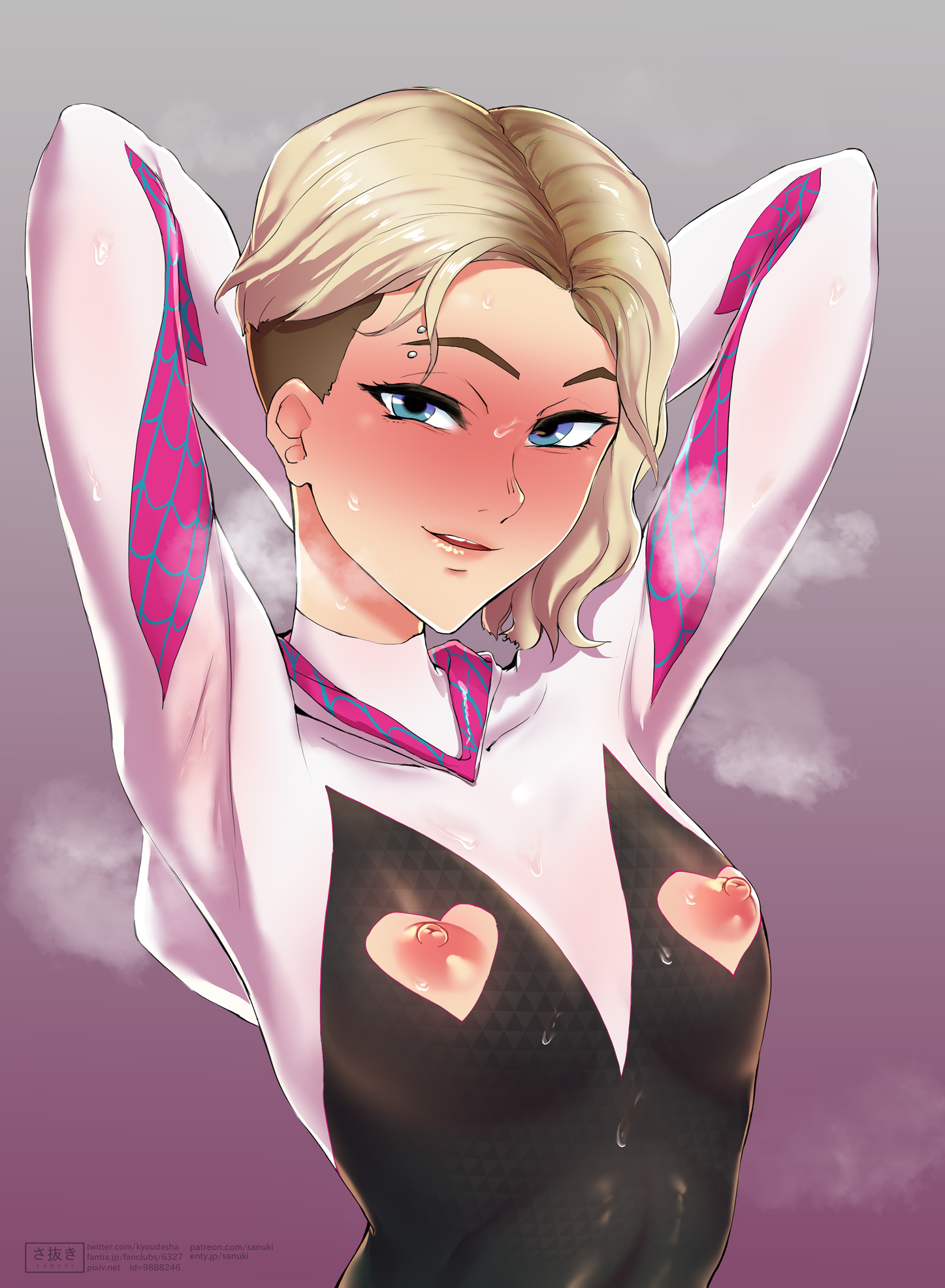 1girls, areolae, blush, breasts, eyebrow piercing, female, female only, flat chest, gwen stacy, gwen stacy (spider-verse), looking at viewer, marvel, marvel comics, nipples, piercing, sanuki (kyoudashya), shaved side, short hair, small breasts, solo, spider-gwen, spider-man (series), spider-man: into the spider-verse, superhero, superhero costume, superheroine