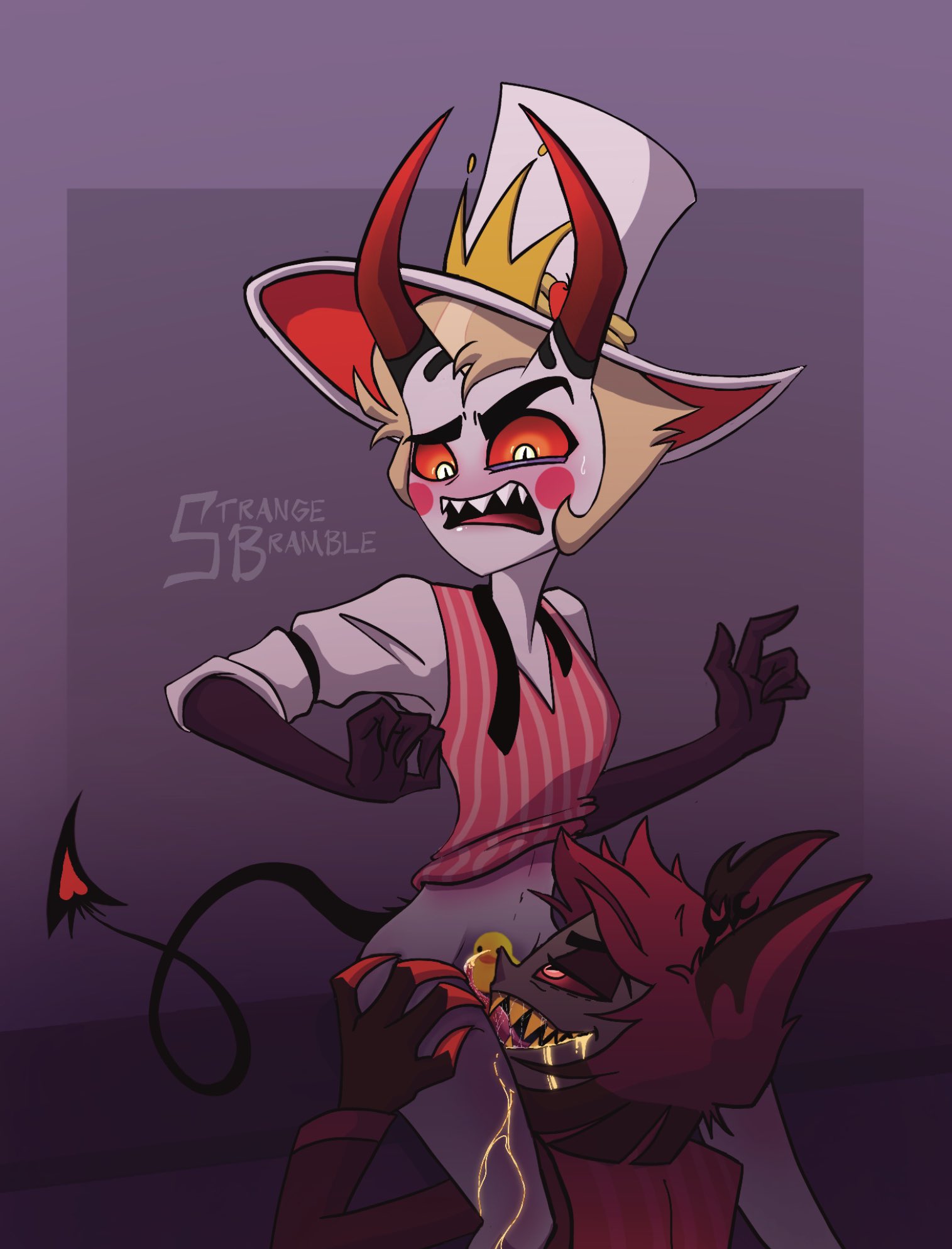 2boys, alastor (hazbin hotel), animal ear fluff, blush, clothed, cunnilingus, cuntboy, deer, demon, duck, gay, hat, hazbin hotel, intersex, licking, licking pussy, light skin, lucifer morningstar (hazbin hotel), male, male only, oral sex, pussy, red eyes, royalty, unwilling, yellow teeth