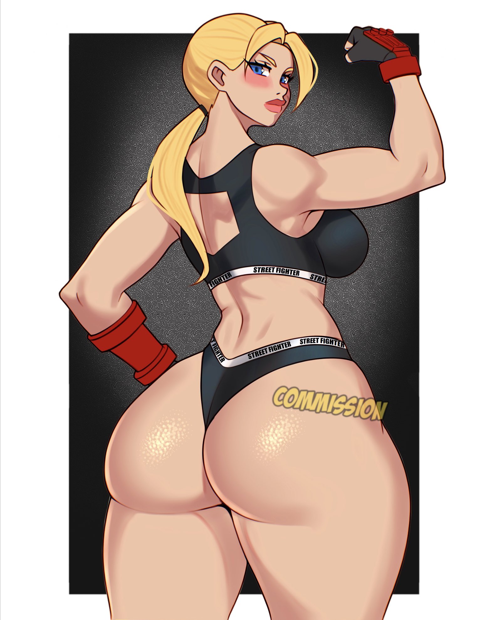 1girls, 2024, ass, blonde hair, blue eyes, blush, cammy white, capcom, commission, female, female only, fingerless gloves, flexing bicep, hand on hip, hi res, jakuson z, long hair, looking at viewer, looking back, looking back at viewer, ponytail, rear view, solo, sports bra, sportswear, street fighter, thick ass, thick thighs, toned, toned female