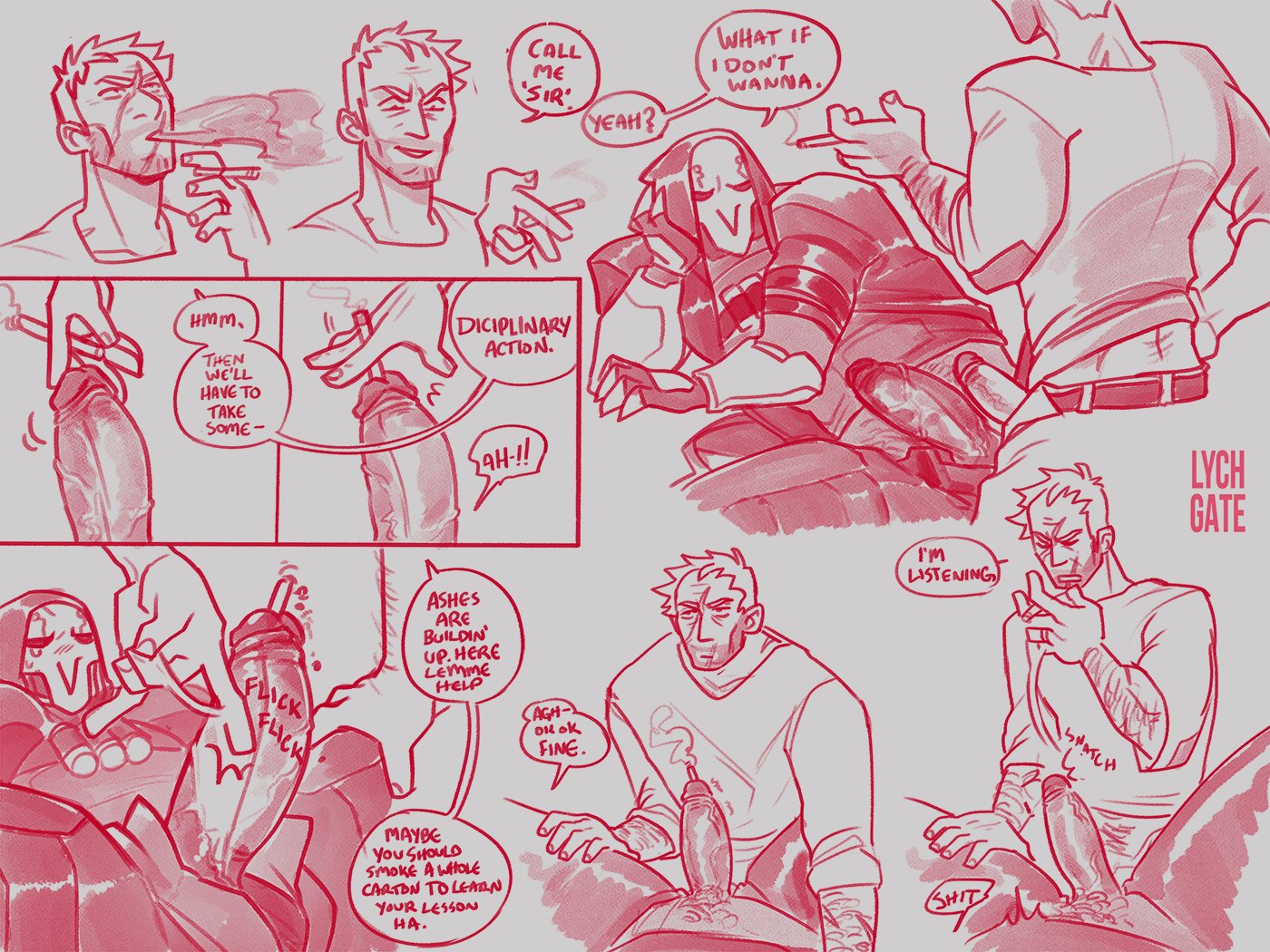 balls, cigarette, cigarette butt, cigarette smoke, cock and ball torture, cock and balls torture, dialogue, dickgate, gabriel reyes, gay, jack morrison, large balls, large penis, lychgate, male, male only, male urethral insertion, masked, monochrome, overwatch, overwatch 2, penile urethral insertion, penis, playful, reaper, size difference, smoking, soldier 76, urethral insertion