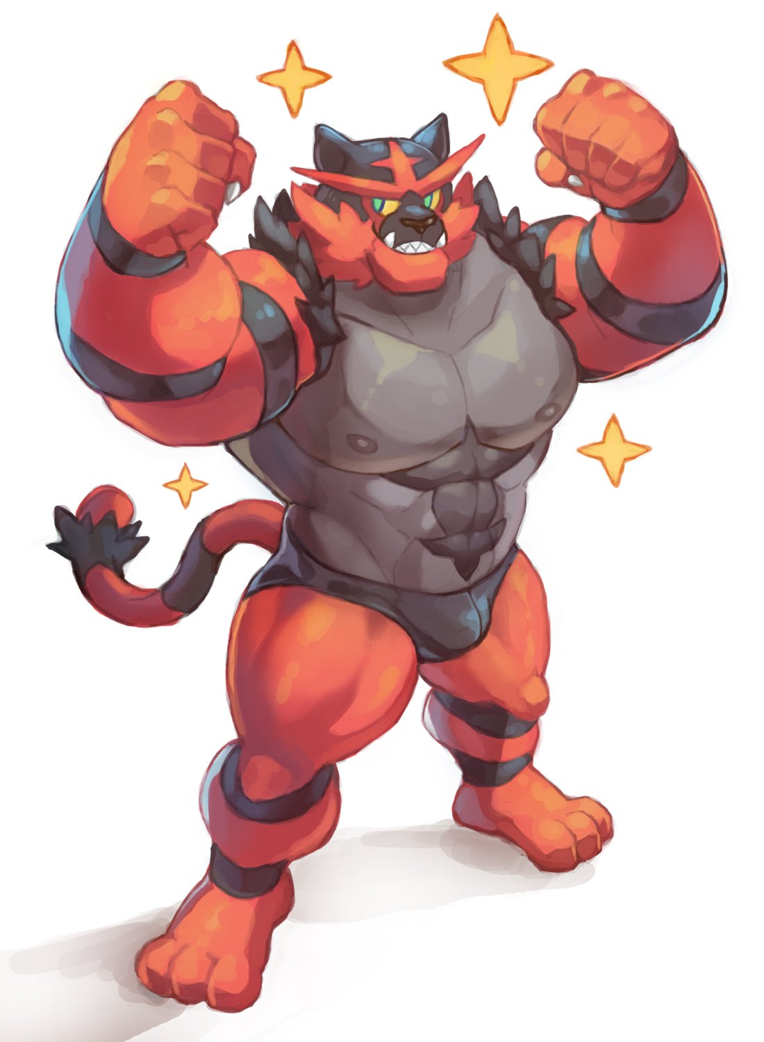 1boy abs anthro areola barazoku barefoot biceps blackmonster bulge claws clothed clothing fangs feline flexing fur furry green_eyes incineroar looking_away male male_only mammal manly mostly_nude muscular muscular_male nintendo nipples pecs pokémon_(species) pokemon pokemon_sm sharp_claws sharp_teeth simple_background smile solo standing teeth thick_thighs triceps underwear video_games white_background