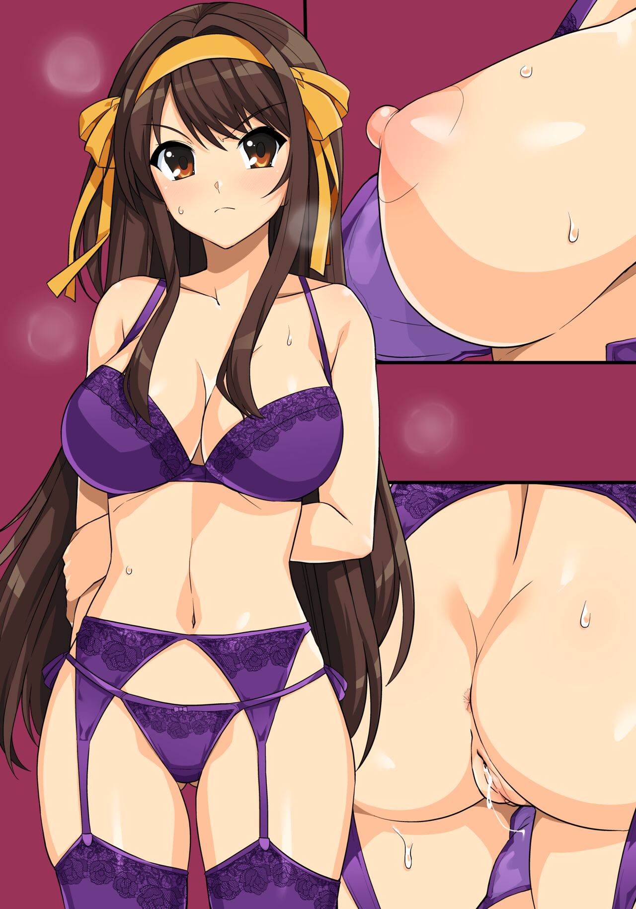 alternate_hairstyle angry_face anus brown_eyes brown_hair erect_nipples garter_belt garter_straps hand_on_back haruhisky headband long_hair panties_down purple_legwear purple_lingerie purple_panties pussy pussy_juice pussy_juice_drip suzumiya_haruhi suzumiya_haruhi_no_yuuutsu sweat uncensored yellow_headband yellow_ribbon