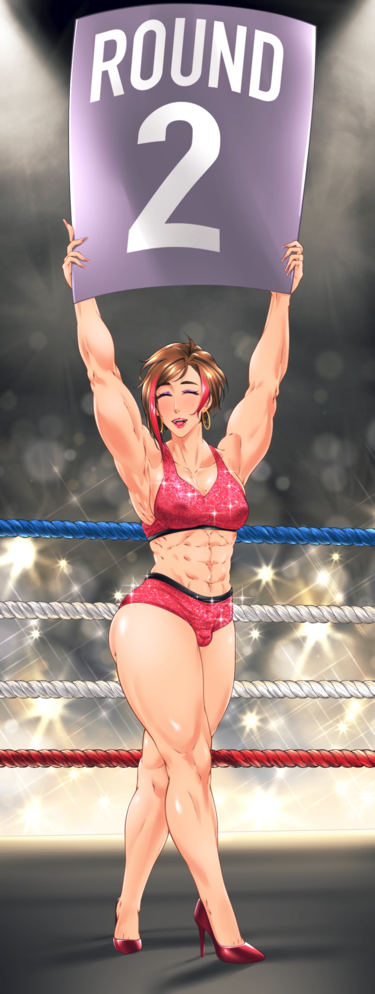 1futa abs boxing_ring brown_hair bulge bulge_through_clothing earrings high_heels hoop_earrings muscular_futanari oc original pink_hair ring_boy short_shorts solo sports_bra suiren_ciao tagme two-tone_hair