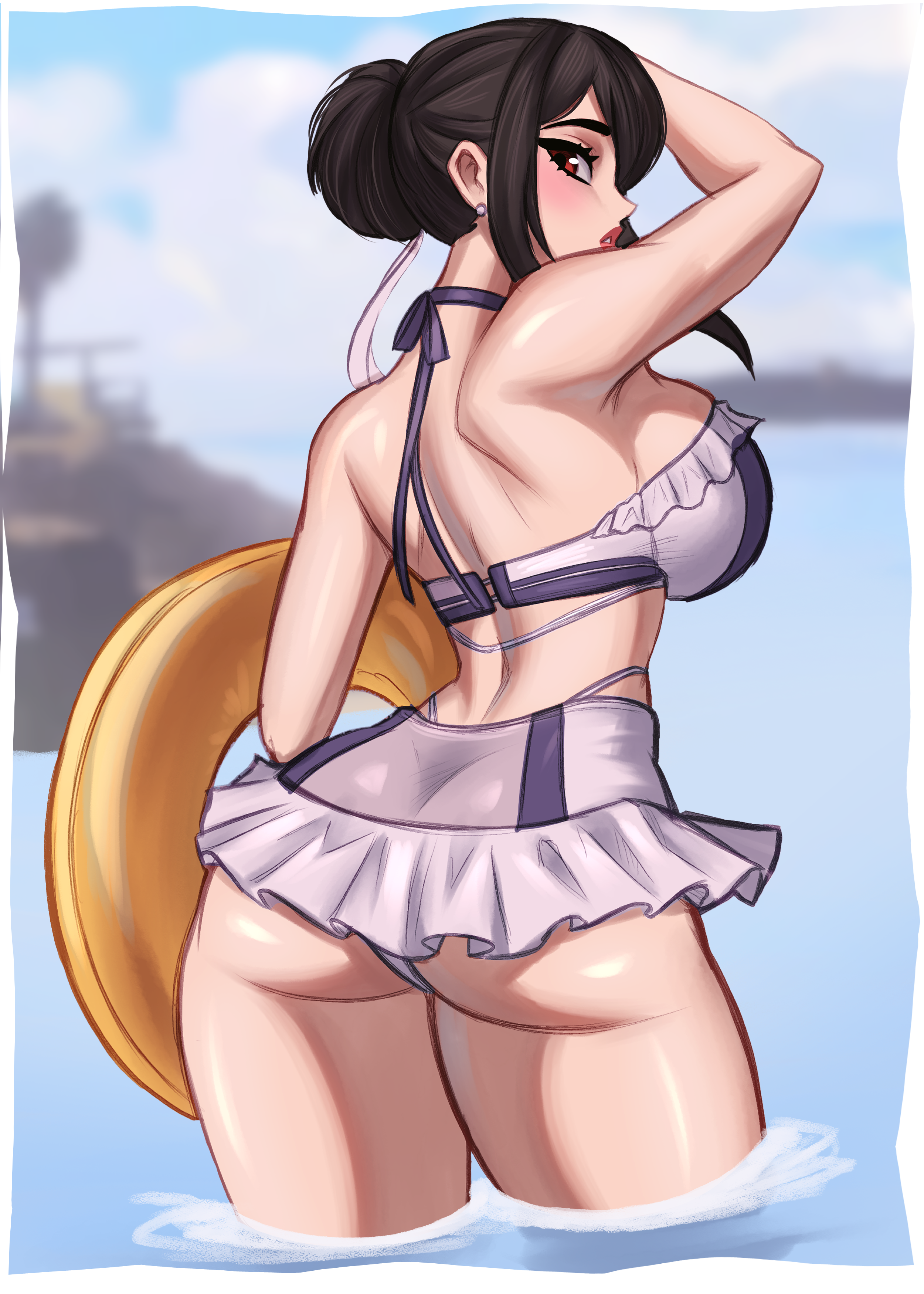 1girls, ass, ass focus, back view, bare shoulders, beach, big breasts, bikini, black hair, blurred background, breasts, brown eyes, female, final fantasy, final fantasy vii, final fantasy vii rebirth, final fantasy vii remake, flower in hair, frilled bikini, looking at viewer, magaska19, swimsuit, thighs, tifa lockhart, tifa lockhart (shining spirit), two piece swimsuit, water