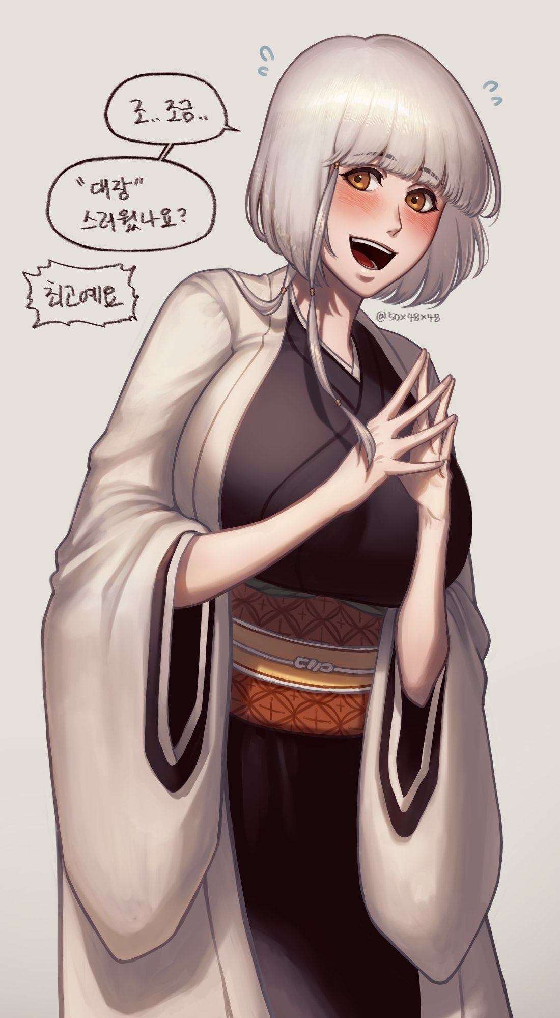 50x48x48 artist_name big_breasts bleach blush gesture gold_eyes gray_hair happy happy_female korean_text kotetsu_isane long_sleeves post-timeskip short_hair short_hair_female solo solo_female solo_focus tall_female white_background white_coat white_hair