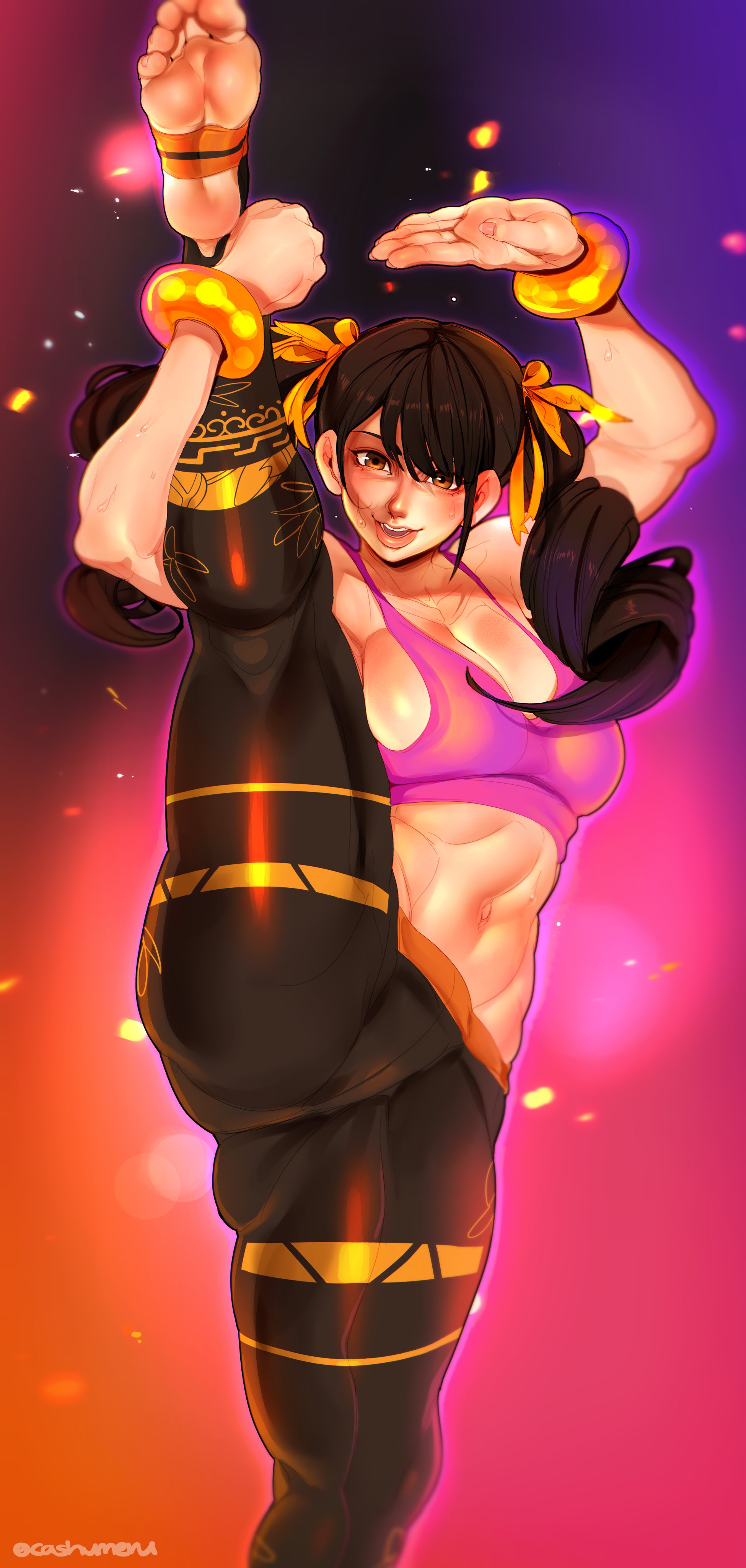 1girls, ass, barefoot, big ass, big butt, big penis, black hair, breasts, cashumeru, feet, female, female only, leg up, ling xiaoyu, looking at viewer, male, namco, navel, open mouth, orange eyes, penis, sideboob, soles, solo, solo female, solo focus, stirrup legwear, stretching, tekken, tekken tag tournament 2, thick thighs, thighs, toes, twintails, yoga, yoga pants