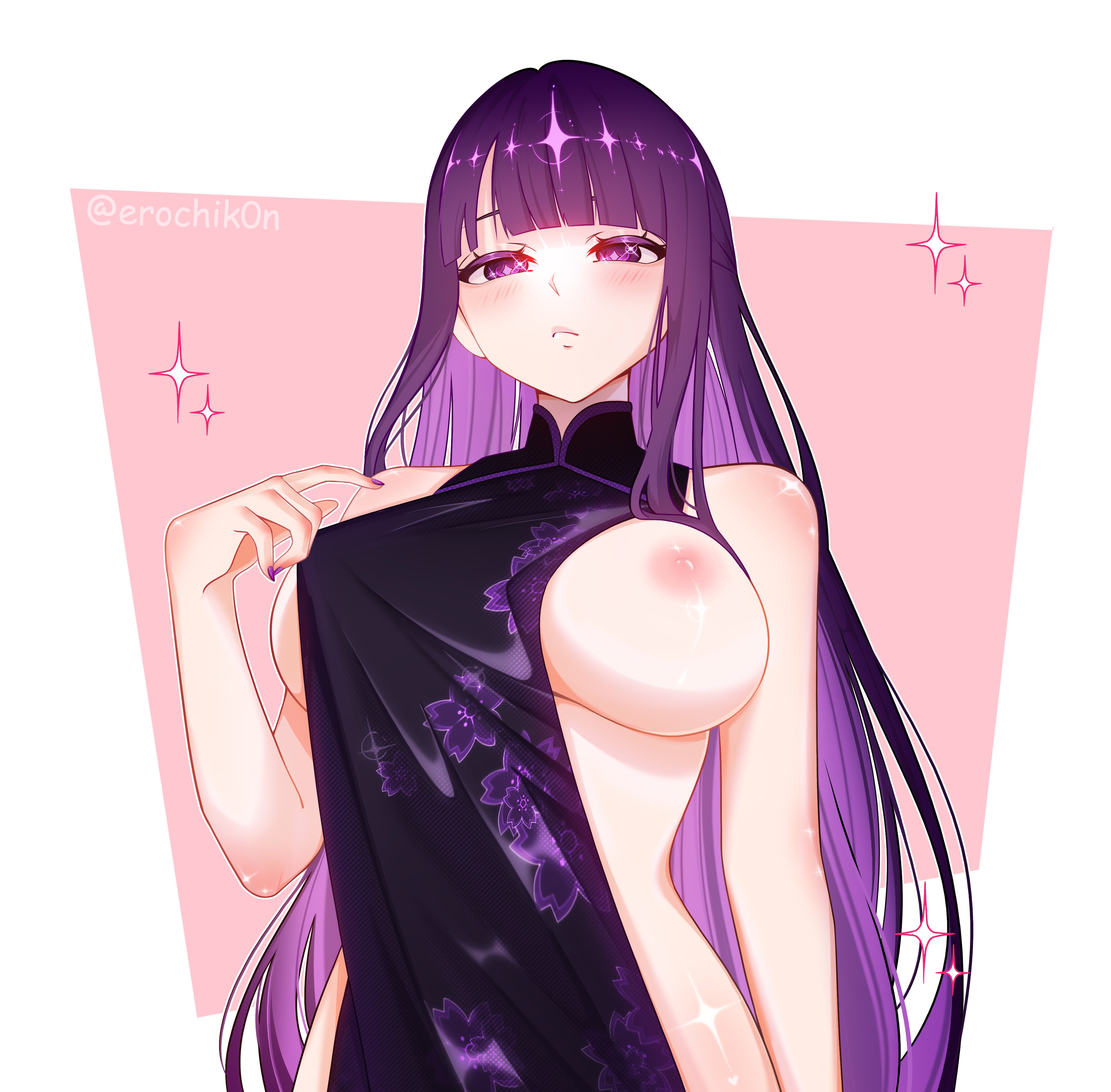4k, ass, big breasts, black dress, blush, breasts, erochik0n, female, fern (sousou no frieren), highres, huge breasts, long hair, nipples, pink background, purple dress, purple eyes, purple hair, purple nails, shiny hair, shiny skin, simple background, sousou no frieren, tagme, thick ass, thick nipples, thick thighs