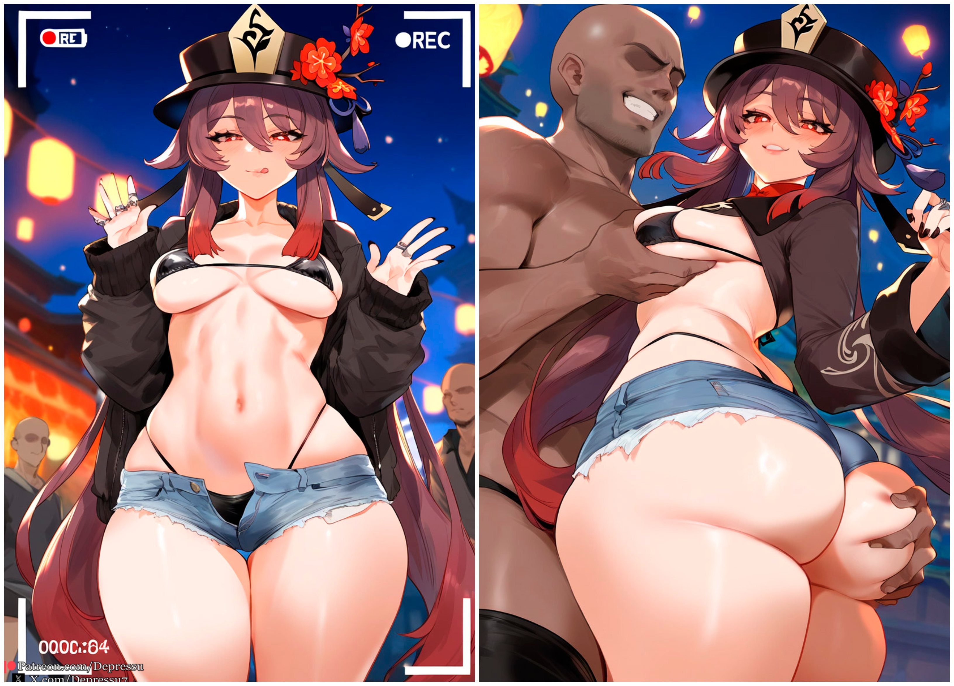 1boy, 1girls, ai generated, ass, ass grab, bikini, bikini top, breast grab, breasts, dark skin, dark-skinned male, depressu, exhibitionism, exhibitionist, female, filming, genshin impact, grabbing, grabbing ass, grabbing breasts, groping, groping ass, groping breasts, hat, hu tao (genshin impact), interracial, light skin, light-skinned female, male, male/female, micro bikini, outside, public, recording, shorts, skimpy, skimpy clothes, straight