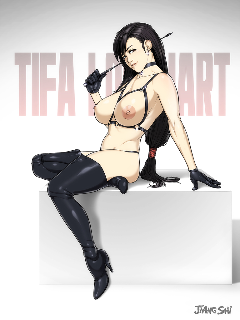 1girls, areolae, breasts, female, female only, final fantasy, final fantasy vii, jiang shi, looking at viewer, nipples, solo, thighhighs, tifa lockhart
