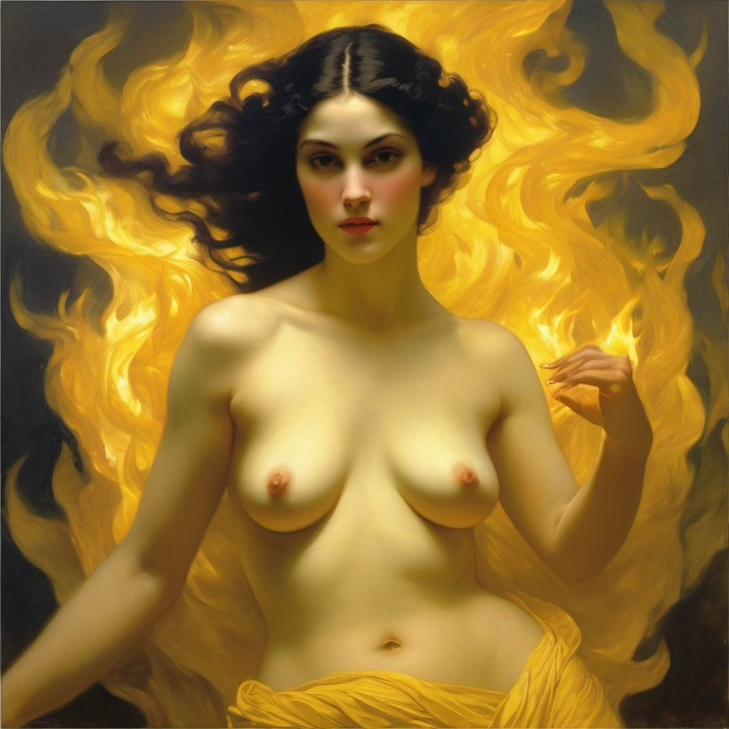 ai_generated belly black_hair breasts burning closed_eyes curvaceous curvy fire long_hair medium_breasts navel nipples pyrokinesis seductress william_bouguereau