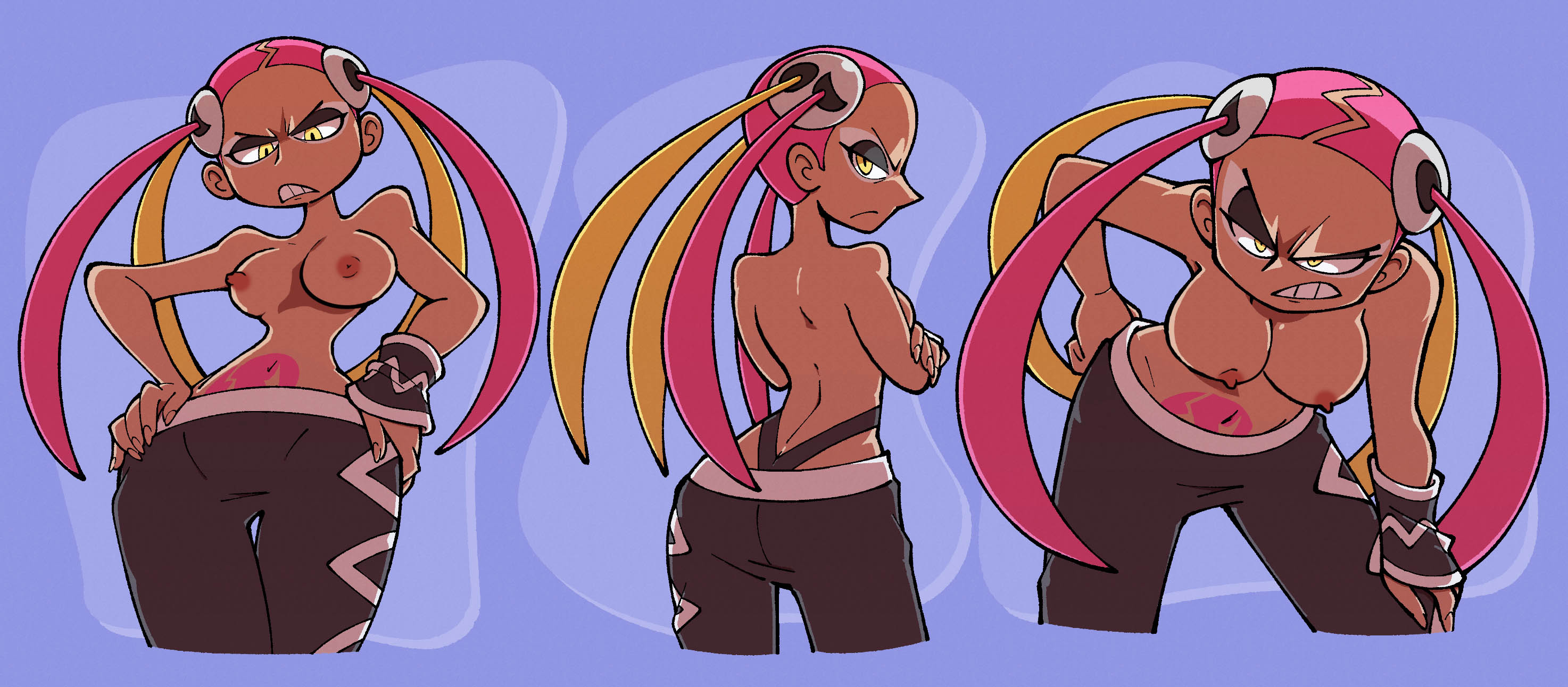 1girls, angry, armpits, arms crossed, ass, backside, breasts, dark skin, dark-skinned female, edit, female, female focus, female only, hand on hip, hands on hips, highres, human only, looking at viewer, looking back, makeup, nintendo, nipples, pants, plumeria (pokemon), pokemon, pokemon sm, posing, shenaniganza, skull, skull hair ornament, solo, tattoo, team skull, teeth, thigh gap, thin waist, topless, wide hips
