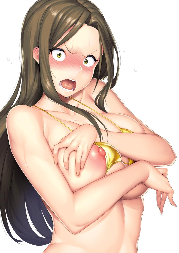 angry, areolae, bikini, blush, breasts, brown hair, commentary request, covering, covering breasts, female, golden bikini, hakai shin, idolmaster, idolmaster cinderella girls, large breasts, long hair, looking at viewer, micro bikini, mukai takumi, nipple slip, nipples, open mouth, simple background, solo, sweat, swimsuit, upper body, v-shaped eyebrows, wardrobe malfunction, white background, yellow bikini, yellow eyes