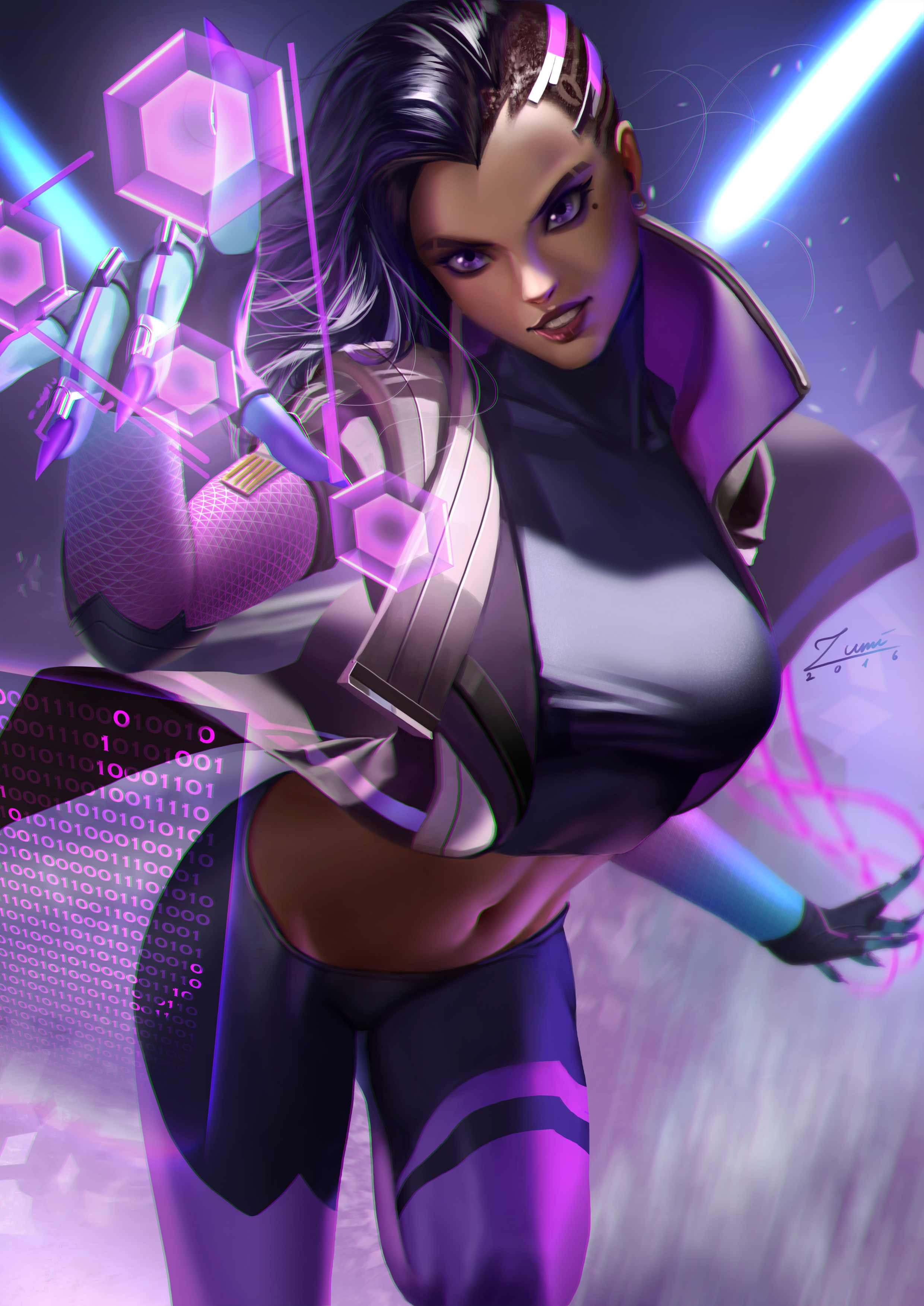1girls, 2016, blizzard entertainment, breasts, color, dark skin, dark-skinned female, female, high resolution, highres, latina, navel, overwatch, purple eyes, sombra, video games, zumi