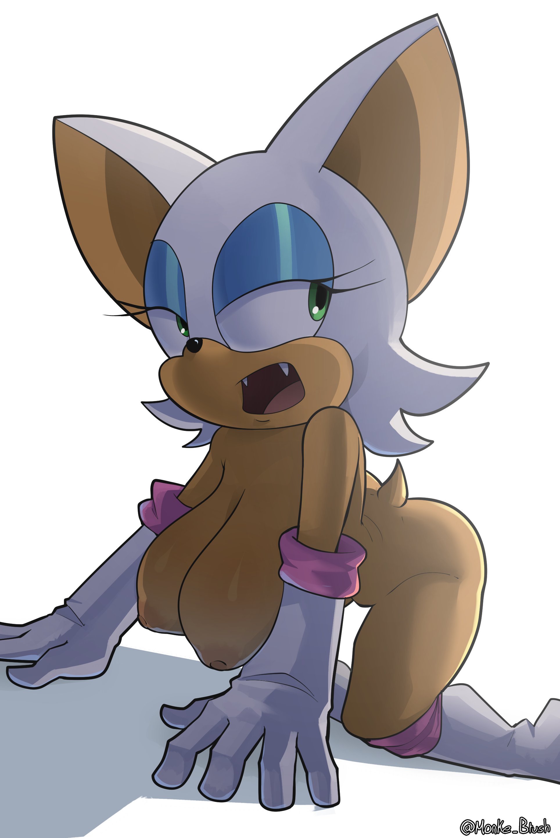 1girls, all fours, anthro, areola, areolae, armwear, artist name, ass, bat, bat ears, bent over, big breasts, black nose, blue eyeshadow, breasts, busty, chiropteran, clothed, clothing, completely nude, countershade face, countershading, eyelashes, eyeshadow, fangs, female, furry, gloves, hair, half-closed eyes, handwear, hanging breasts, huge breasts, large breasts, legwear, looking back, makeup, mammal, monke brush, nipples, nude, open mouth, rouge the bat, sega, short hair, short tail, solo, solo female, sonic (series), sonic the hedgehog (series), tail, tan body, tan countershading, tan skin, teal eyes, thick thighs, thighs, two-tone face, white background, white hair