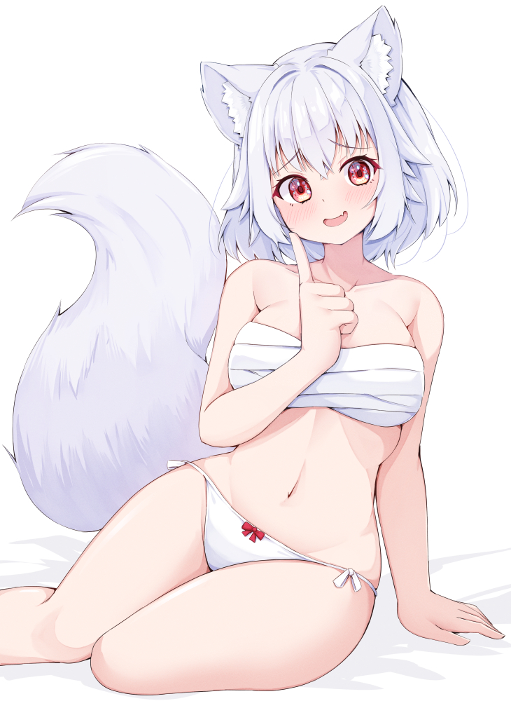 animal_ears artist_request fingers kemonomimi lulu_akituki medium_breasts momiji_inubashiri mostly_nude red_eyes short_hair tail touhou underwear white_background white_fur white_hair white_panties wolf_ears wolf_girl wolf_tail