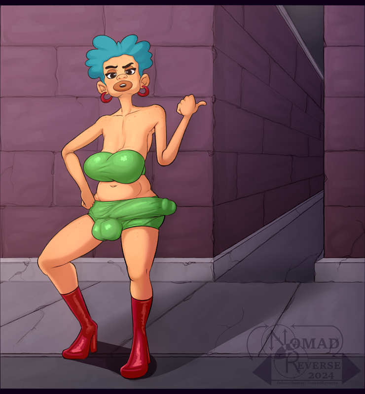 alley balls big_balls big_breasts big_lips big_penis blue_hair boots booty_shorts breasts bulge bulge_through_clothing earrings futa_only futanari huge_cock nomad_reverse original original_character penis prostitute prostitution sagging_breasts shorts simpsons tight_clothing tubetop yellow_skin