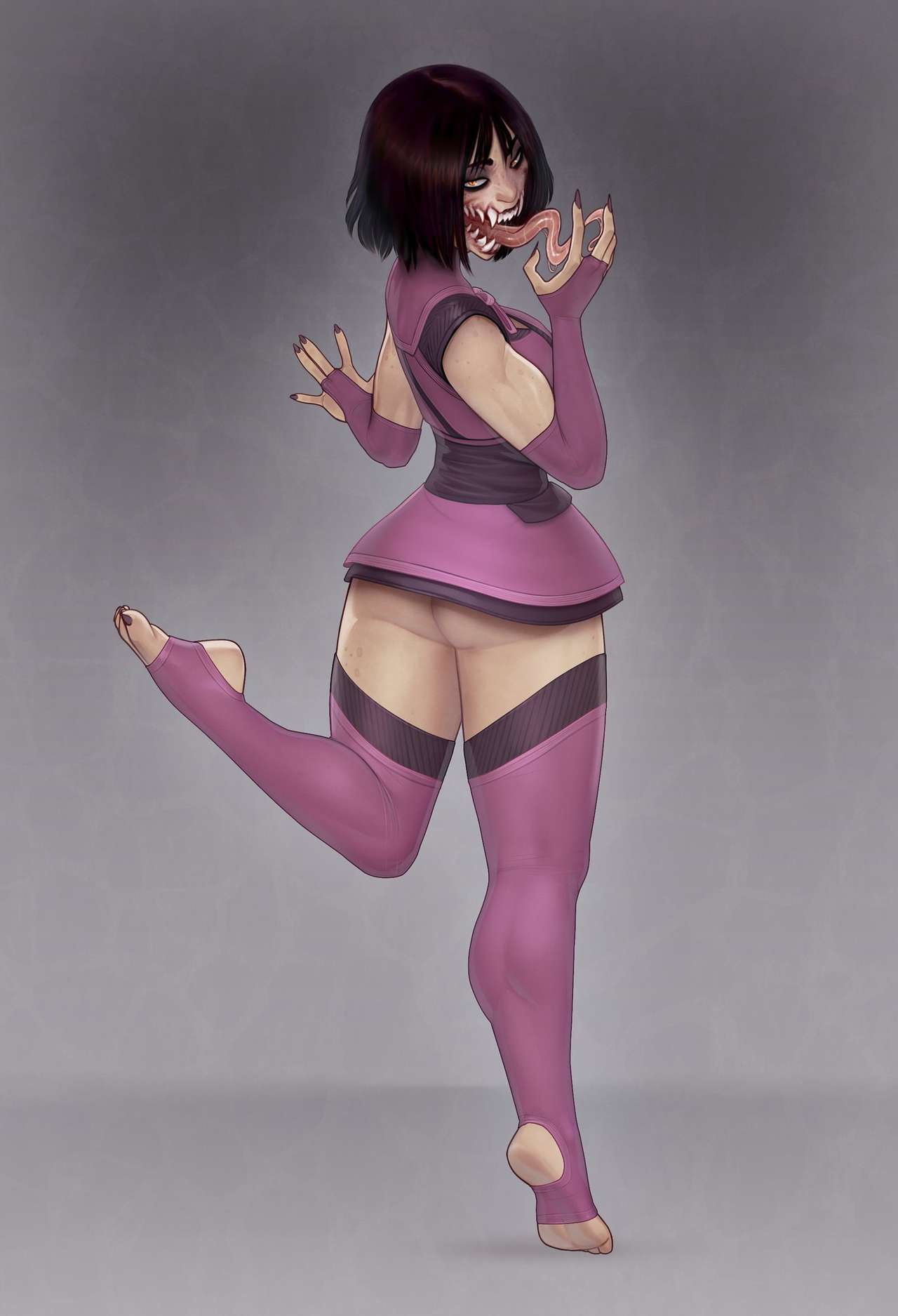 1girls barefoot bifurcated_jaw derek_hetrick highres light-skinned_female long_tongue mature_female mileena monster_girl mortal_kombat mortal_kombat_11 nightmare_waifu no_cheeks non-web_source sharp_teeth slim_waist teeth thick_thighs thighs thighs_together tongue tongue_out villainess