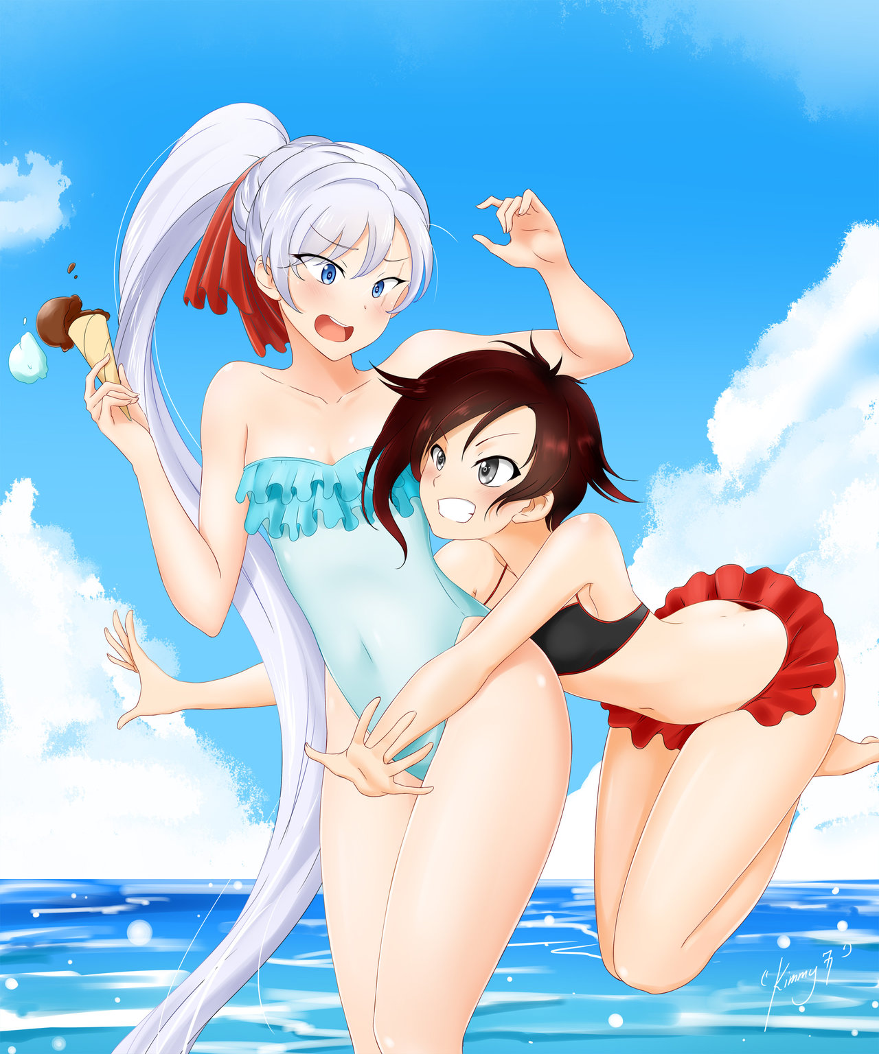 2girls, alternate costume, ass, ass cleavage, ass crack, beach, blush, breasts, brown hair, butt crack, cloud, day, female, female only, hug, kimmy77, long hair, looking at another, multiple females, multiple girls, ocean, one-piece swimsuit, ruby rose, rwby, sea, short hair, side ponytail, silver hair, sky, small breasts, strapless, strapless swimsuit, swimsuit, water, weiss schnee, yuri