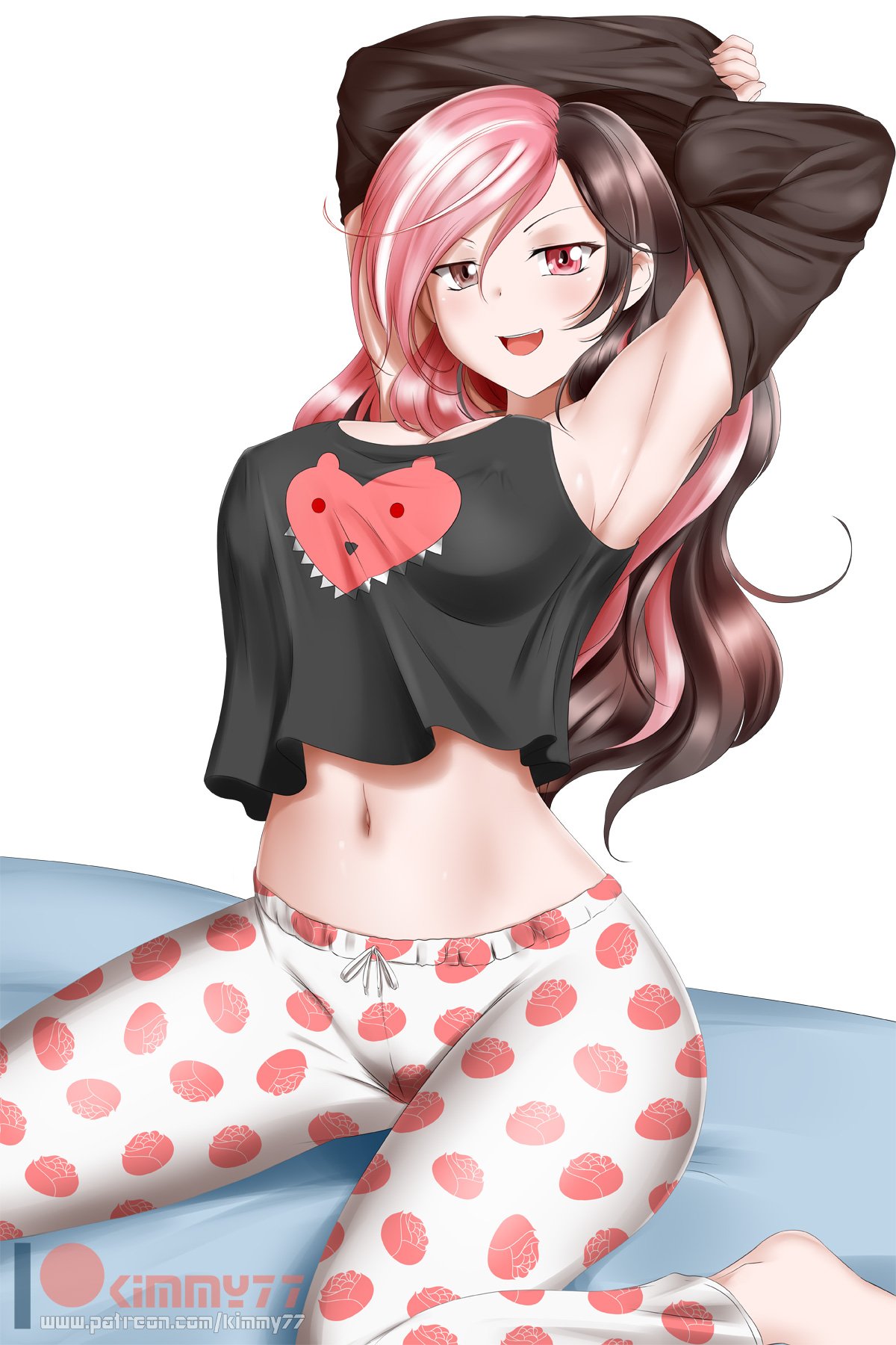 >:d :d alternate_costume armpits arms_up bare_shoulders bed blush breasts brown_eyes brown_hair erect_nipples female female_only hair_between_eyes heterochromia kimmy77 large_breasts long_hair looking_at_viewer midriff multicolored_hair naughty_face navel neo_(rwby) on_bed open_mouth pajamas pink_eyes pink_hair ruby_rose ruby_rose_(cosplay) rwby sitting smile solo two_tone_hair undressing wariza white_background