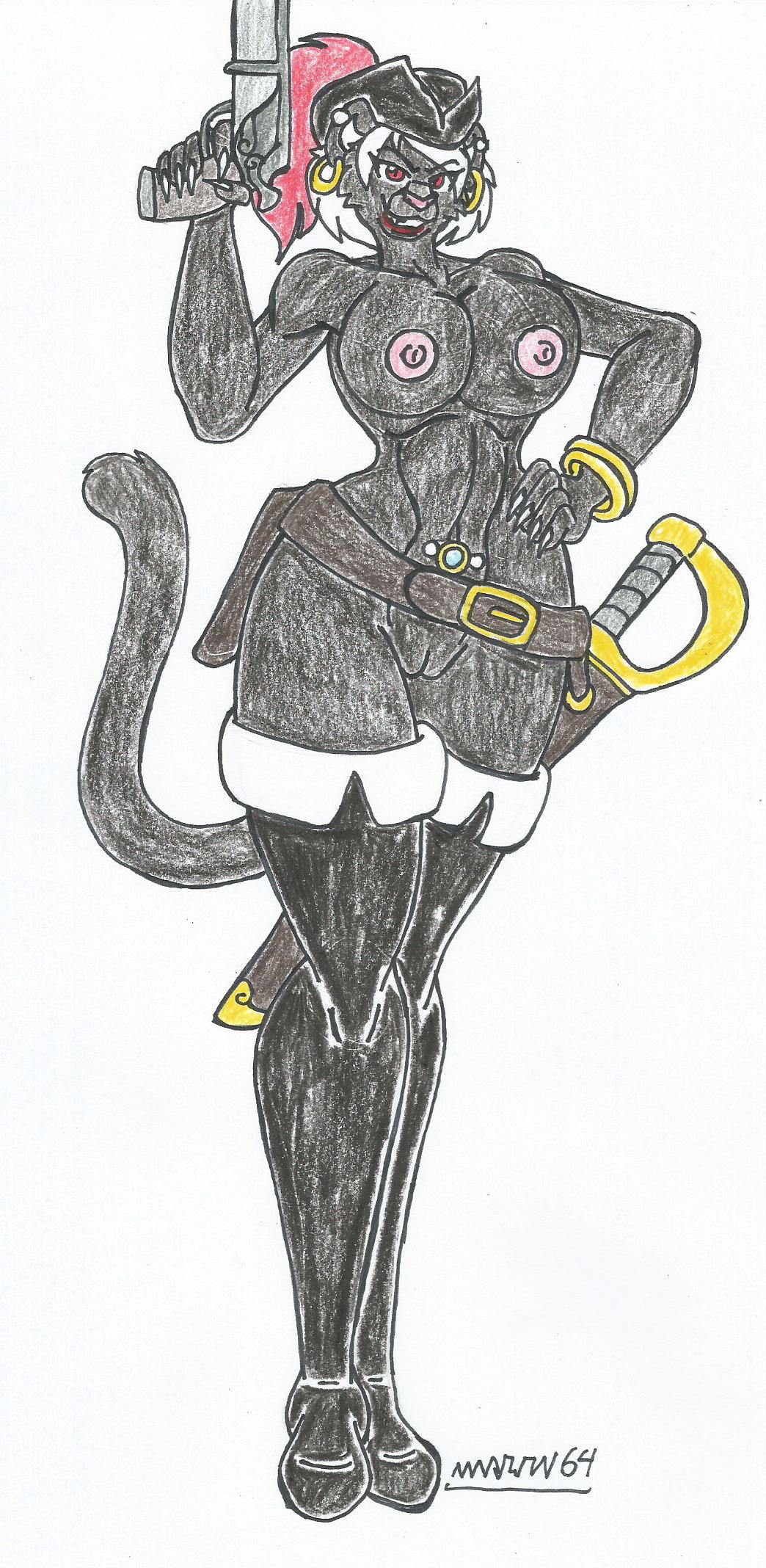 anthro big_breasts big_hips black_body black_fur bracelets earrings furry gold_jewelry gun hand_on_hip high_heel_boots jessy_noir_(waifuland) looking_at_viewer marlon64 medium_hair naked_belt naked_boots naked_female naked_hat naked_jewelry navel_piercing pirate pirate_costume pirate_girl pirate_hat pirate_outfit red_eyes red_lipstick solo_female sword traditional_drawing_(artwork) waifuland weapon white_background white_hair