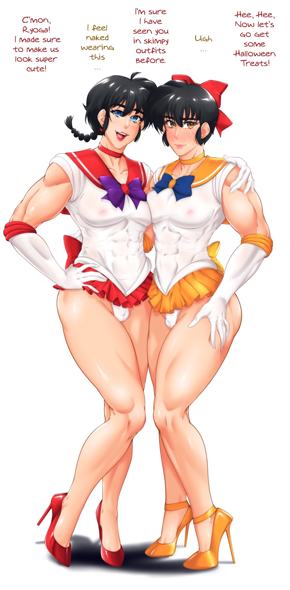 2boys ambush_(trap) bishoujo_senshi_sailor_moon bow clothing crossdressing high_heels male male_only ranma-kun ranma_1/2 ranma_saotome ryoga_hibiki sailor_mars_(cosplay) sailor_venus_(cosplay) skirt suiren_ciao tagme uncensored underwear yaoi