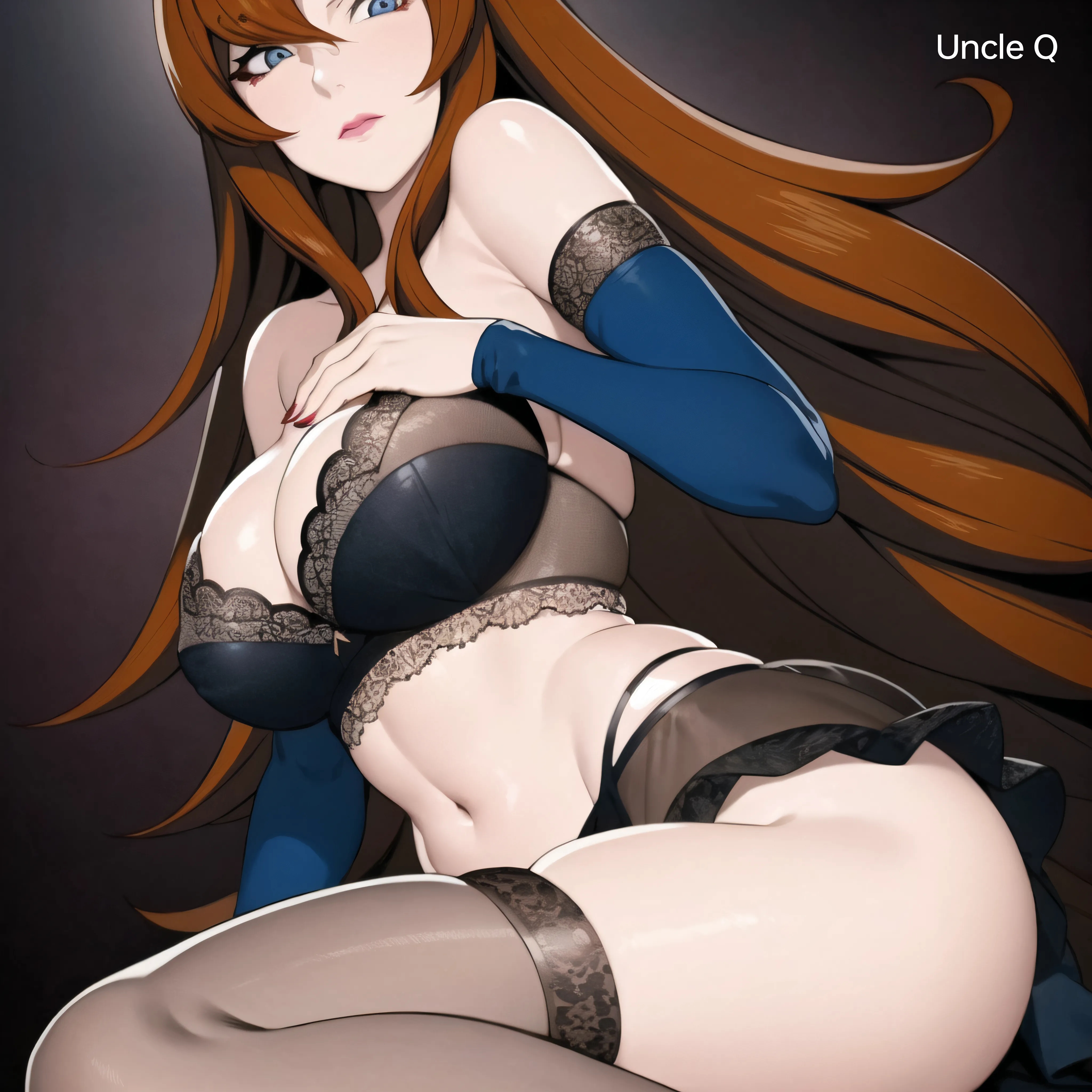 1girls, adapted costume, ai generated, arm gloves, artist name, auburn hair, big breasts, bra, breasts, brown hair, cleavage, female, female only, g-string, garter belt, garter straps, gloves, green eyes, hair over one eye, huge breasts, kneeling, lingerie, lingerie bra, lingerie only, lingerie panties, lipstick, long hair, makeup, mature, mature female, mei terumi, milf, miniskirt, nai diffusion, naruto, naruto (series), naruto shippuden, oppai, panties, skirt, stable diffusion, stockings, terumi mei, text, tied hair, topknot, uncle q, underwear, underwear only, very long hair, voluptuous