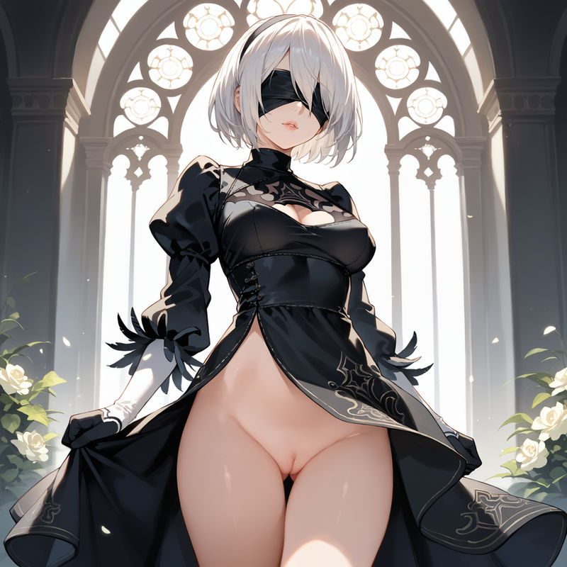 1girls ai_generated black_blindfold black_dress black_hairband blindfolded_female dress_aside elbow_gloves female_only hairless_pussy nier:_automata no_panties pussy severljs short_hair_female solo_female white_hair_female yorha_2b