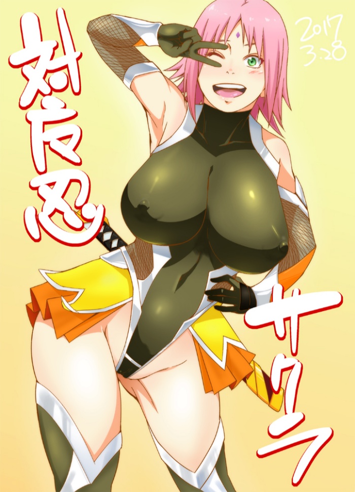 breasts, female, gloves, green eyes, huge breasts, large breasts, leotard, naruto, naruto (series), ninja, one eye closed, open mouth, pink hair, sakura haruno, short hair, smile, solo, sunahara wataru, thighhighs, weapon