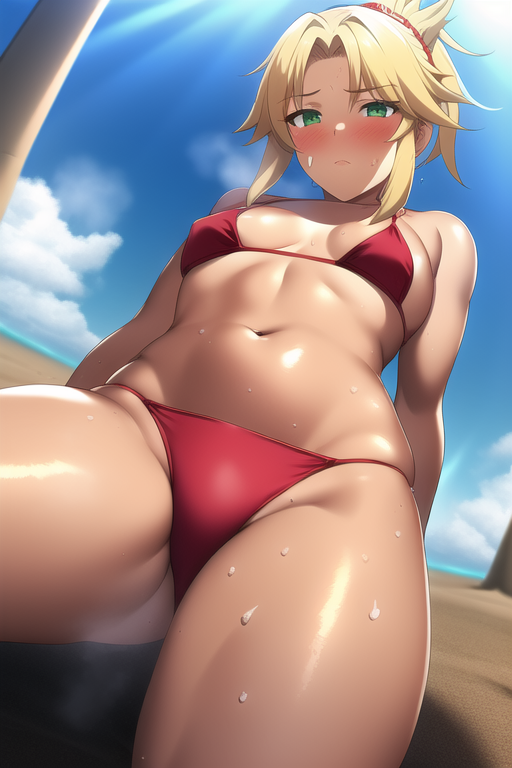 1girls, ai generated, beach, bikini, blonde hair, blush, breasts, fate (series), fate/apocrypha, fate/grand order, female, green eyes, medium hair, mordred (fate), mordred (swimsuit rider), nai diffusion, navel, outdoors, ponytail, red bikini, small breasts, stable diffusion, tan, tan-skinned female, tanned skin