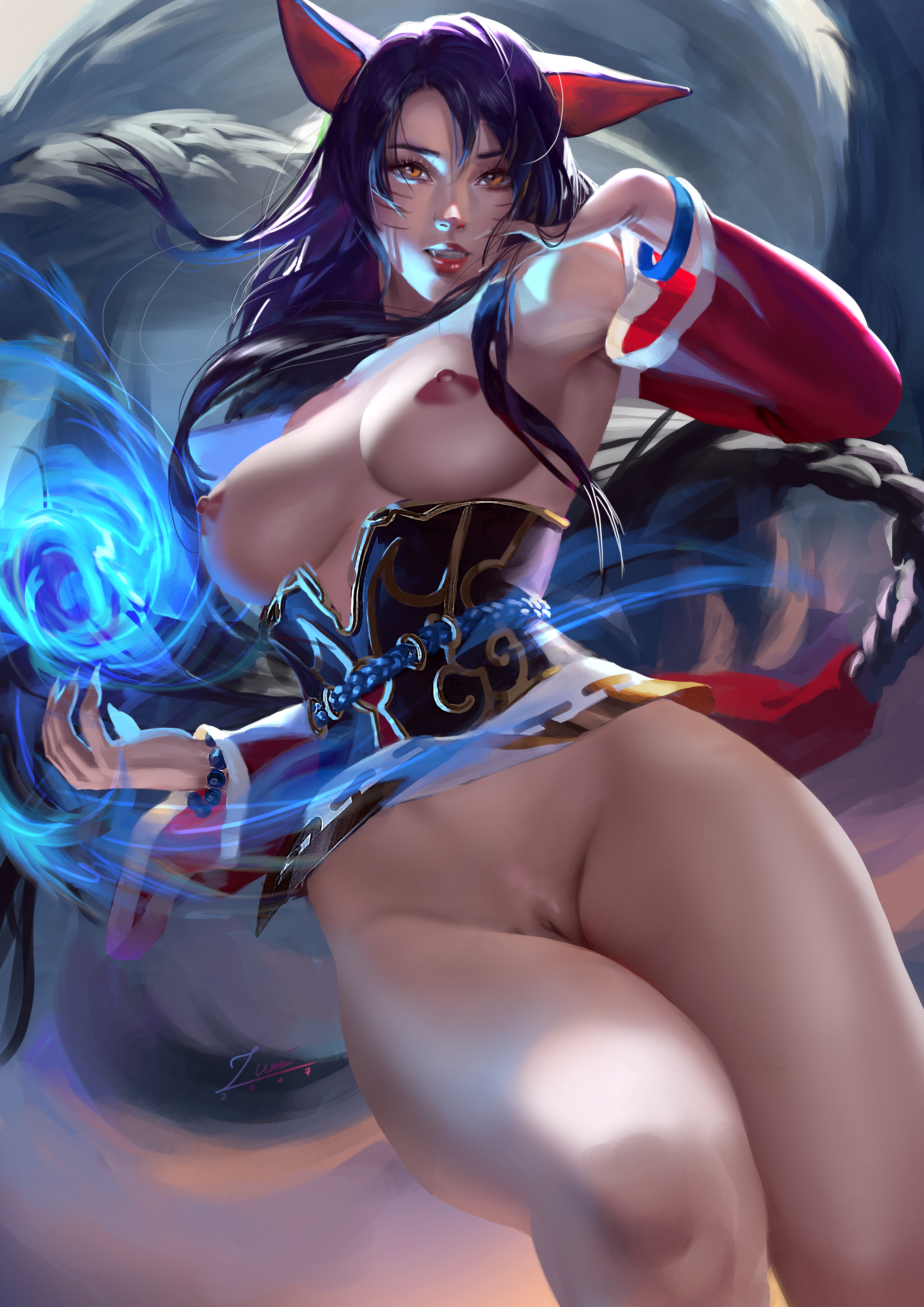 1girls, 2017, absurdres, ahri, animal ears, animal tail, areola, areolae, artist signature, bare legs, black hair, breasts, color, detached sleeves, facial markings, female, female only, fox ears, fox girl, functionally nude, functionally nude female, kumiho, large breasts, league of legends, long hair, nipples, nude, pussy, riot games, sharp nails, shaved pussy, solo, source request, whisker markings, yellow eyes, zumi
