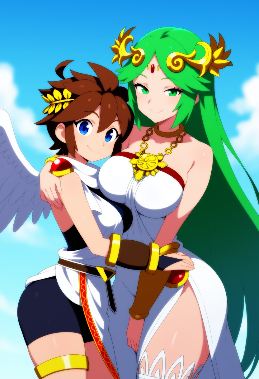 2girls angel angel_wings clouds genderswap_(mtf) goddess hugging kid_icarus nintendo palutena pit_(kid_icarus) rule_63