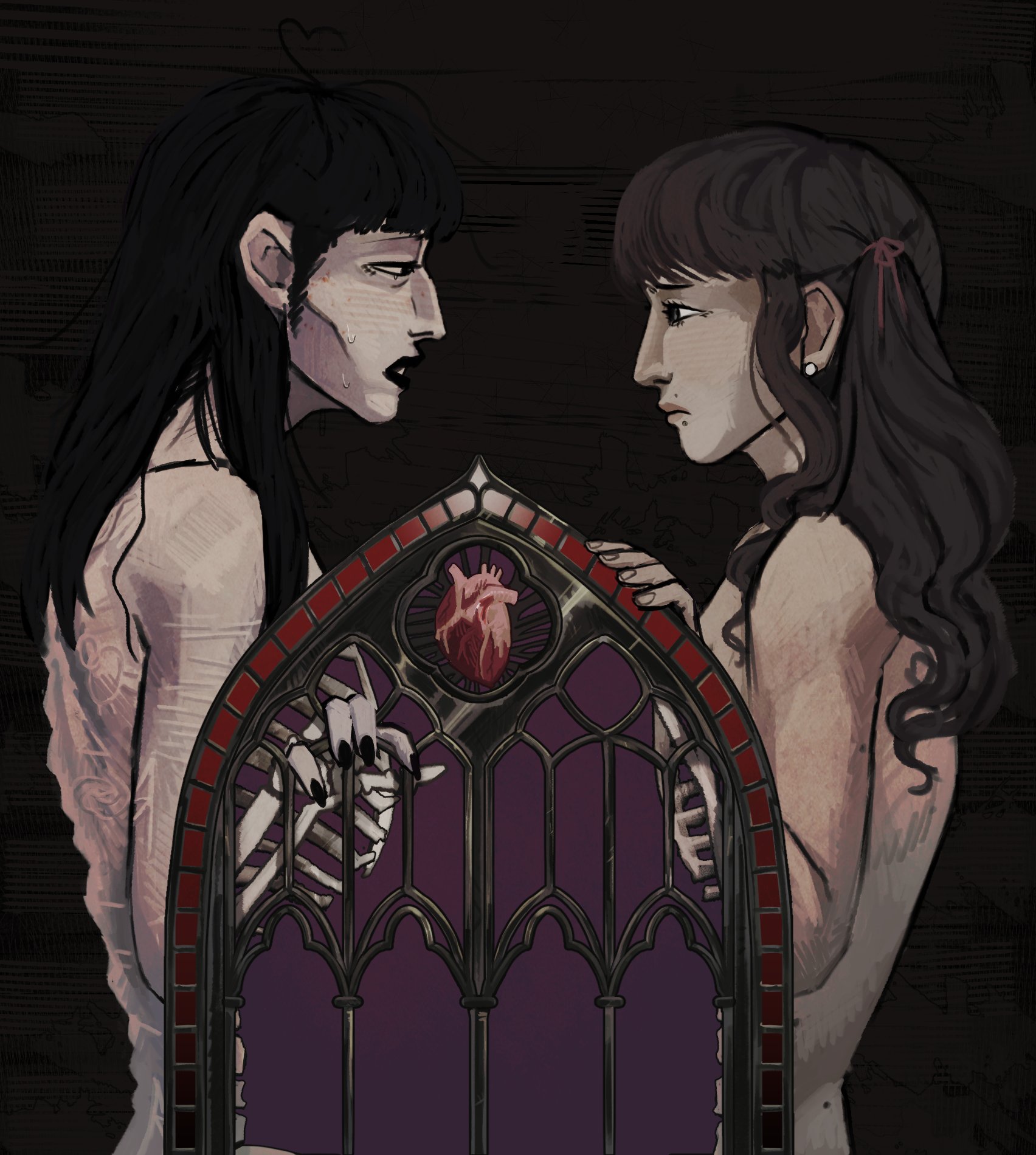 2girls, angst, artistic nude, black hair, black lipstick, black nails, branded, brown hair, cage, centi laika, cheek bones, colored, emaciated, fear and hunger, fear and hunger: termina, female, futanari, goth, goth girl, heart, intersex, jawline, long hair, marina (fear and hunger), no genitals, no genitals shown, piercing, pink bow, ribcage, samarie (fear and hunger), self harm scars, sigils, skeleton, slither pia, trans woman