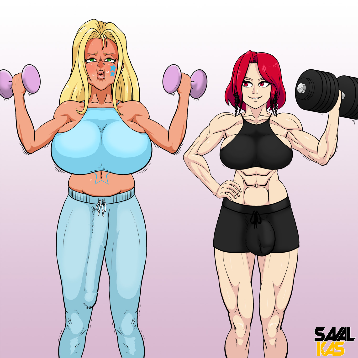 2futas, big breasts, breasts, bulge, cameltail, cleavage, dickgirl, erection, erection under clothes, futa only, futanari, huge breasts, intersex, large breasts, muscles, muscular, muscular futa, penis, penis under clothes, savalkas, weightlifting, weights