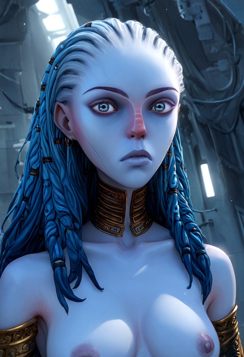 ai_generated alien alien_girl alien_humanoid annoyed_expression blue_eyes blue_hair bracelets braided_hair collar grey_skin gwyndala half-length_portrait medium_breasts nipples pale_skin shirtless skinny star_trek star_trek_prodigy tits_out vau_n'akat_(species)