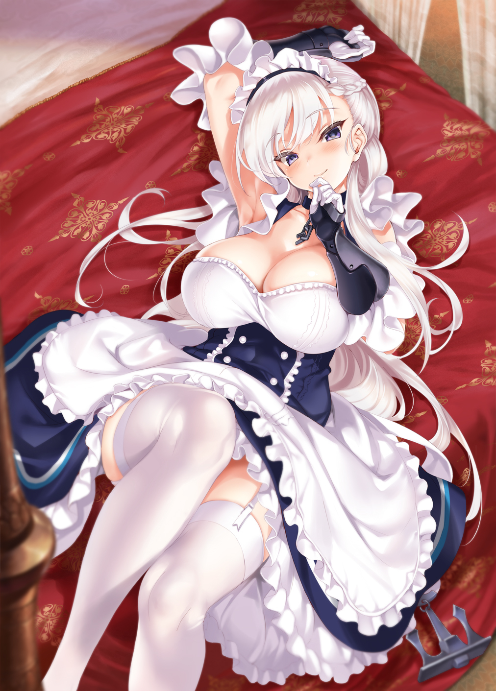 2019, azur lane, belfast (azur lane), big breasts, blue eyes, breasts, cle masahiro, collar, female, hair ornament, long hair, lying down, thighhighs, white hair