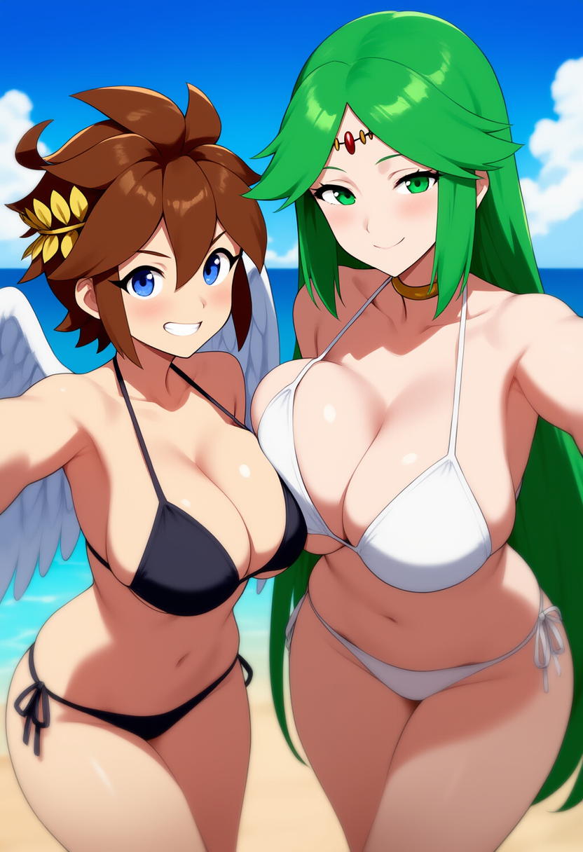 2girls ai_generated bikini breast_press breasts genderswap_(mtf) kid_icarus large_breasts nintendo palutena pit_(kid_icarus) rule_63