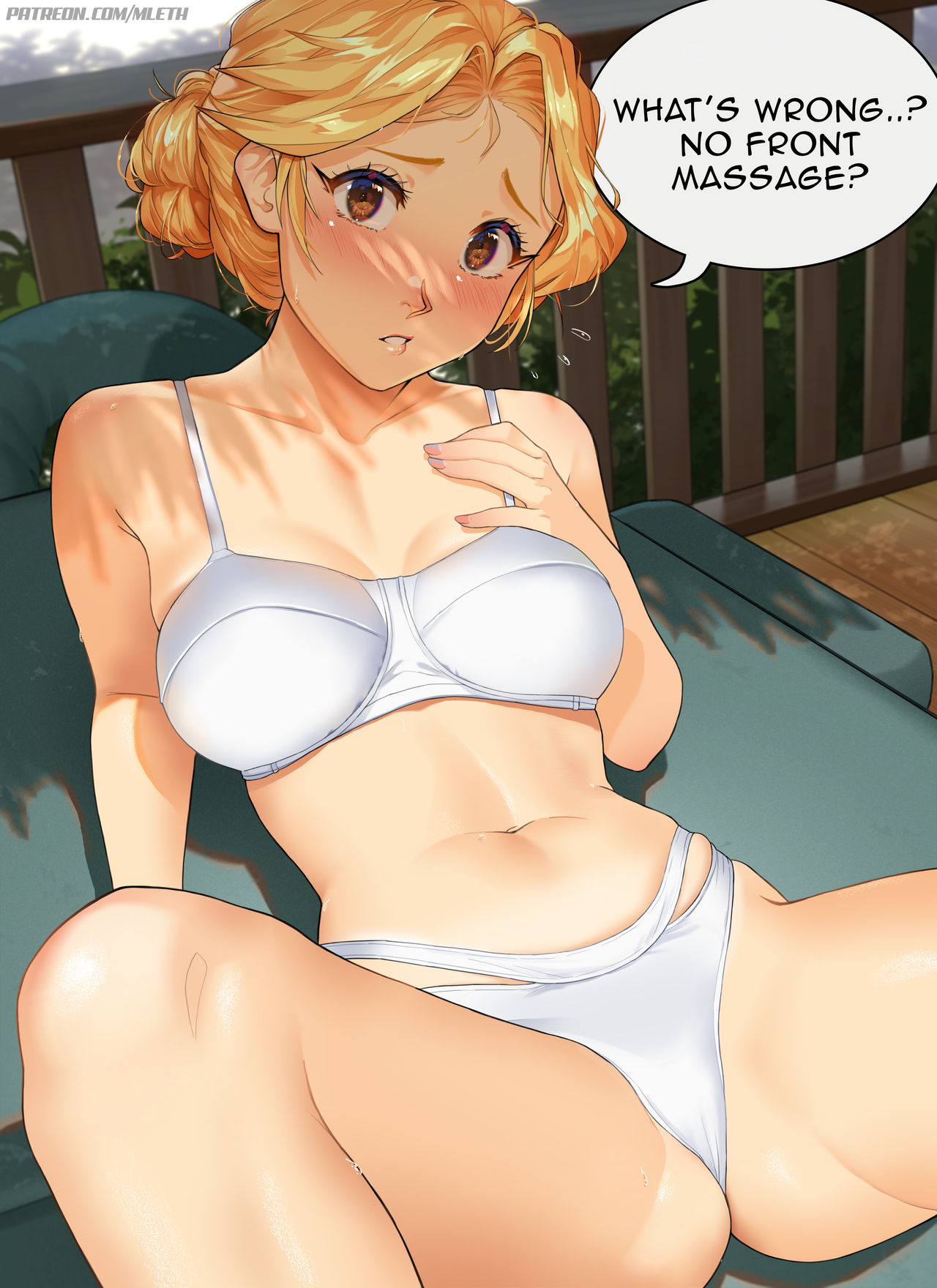 1girls bikini bikini_tan blonde_hair blush brown_eyes cameltoe day english_text female highres looking_at_viewer lying massage_table mathias_leth meme multi-strapped_bikini multi-strapped_bikini_bottom navel no_bitches?_(meme) original paid_reward_available petite petite_female reclining short_hair single_hair_bun small_breasts solo speech_bubble spread_legs stina_(mathias_leth) sweat talking_to_viewer tanline updo white_bikini