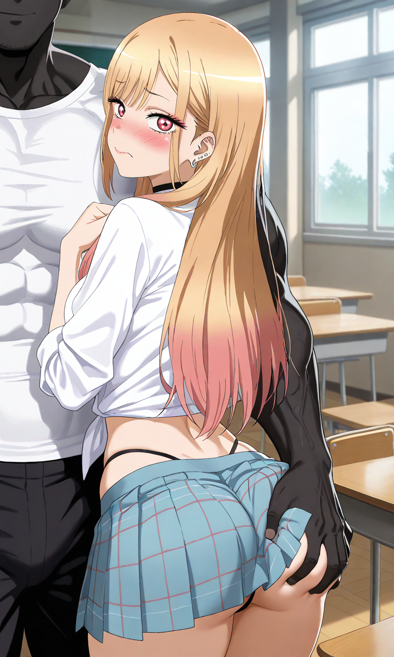 1boy 1girls ai_generated ass_grab caught cheating cheating_girlfriend cuckold dark-skinned_male embarrassed grabbing groping kitagawa_marin miniskirt muscular_male sono_bisque_doll_wa_koi_wo_suru thong white_shirt wide_hips