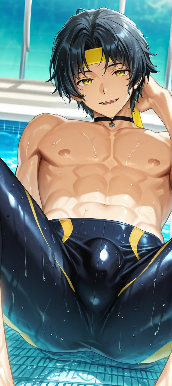 ai_generated aki210021 asaba_harumasa bulge bulge_through_clothing choker headband male_only nipples pool solo swimsuit zenless_zone_zero