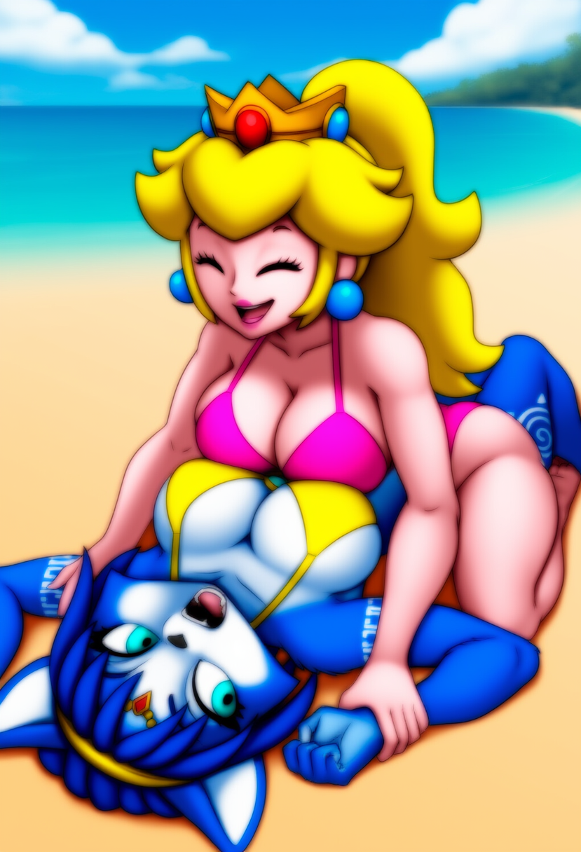 2girls ai_generated beach bikini blonde_hair breasts furry furry_female krystal large_breasts mario_(series) nintendo pinned_down princess_peach shocked star_fox yuri